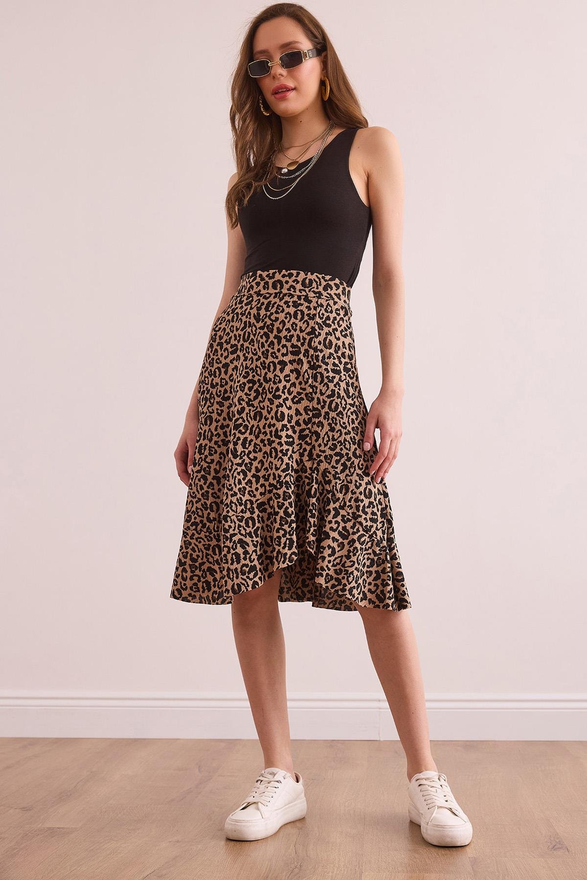 Fırfırlı Fitilli Dökümlü Etek Leopar Camel