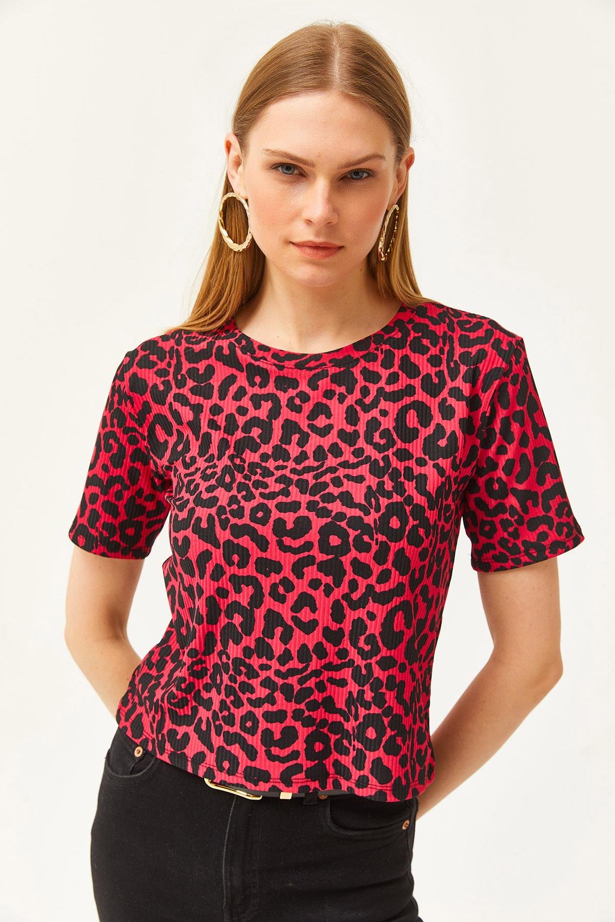 Fitilli Crop Örme Tişört Leopar Fuşya
