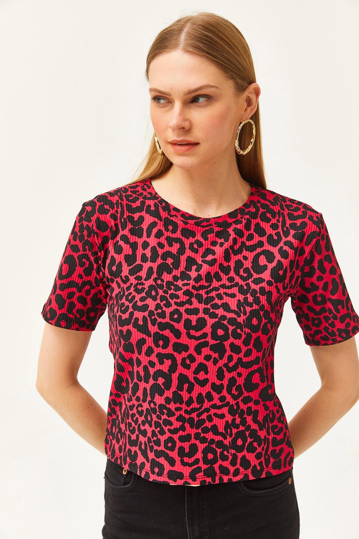 Fitilli Crop Örme Tişört Leopar Fuşya