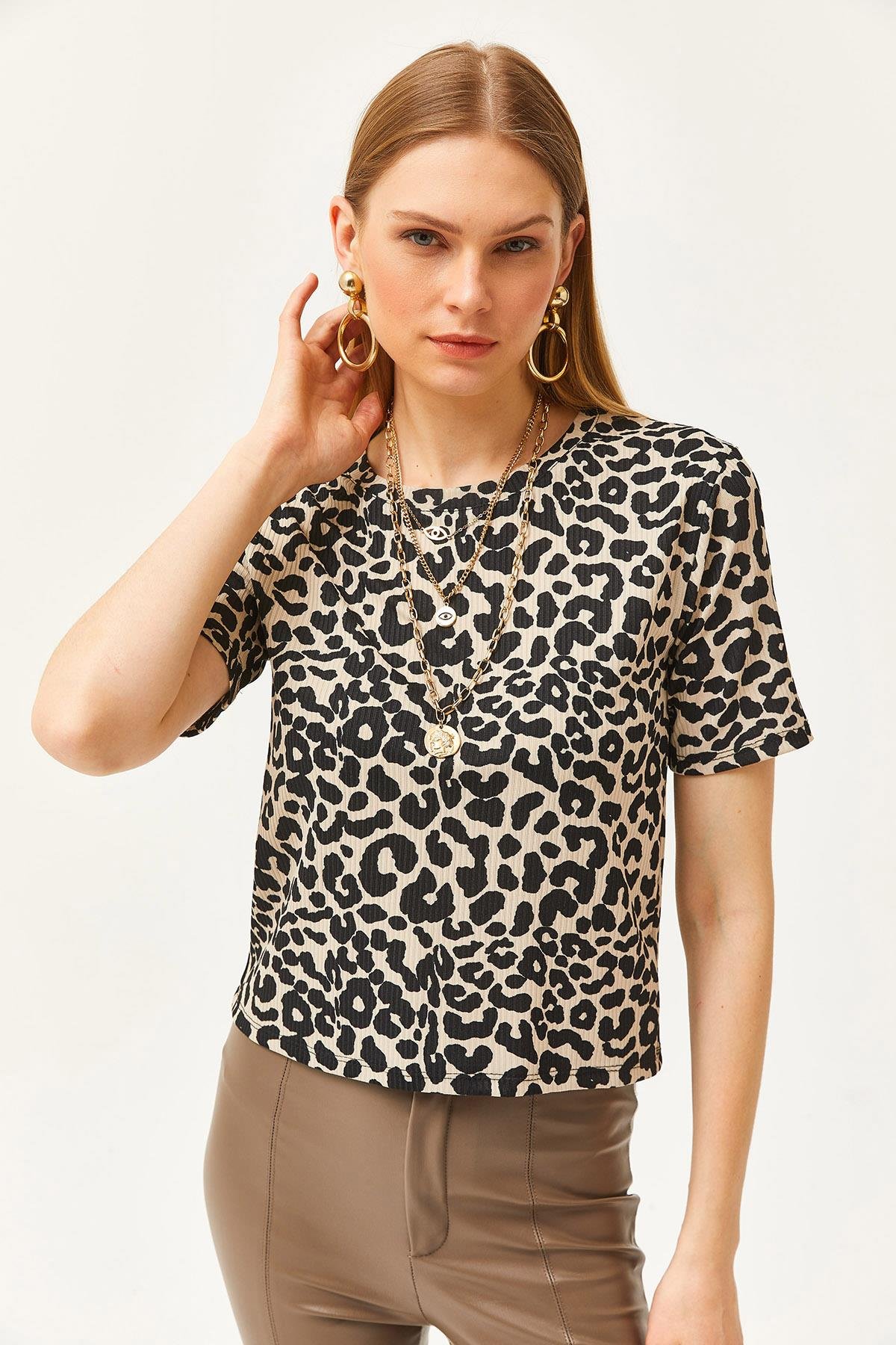 Fitilli Crop Örme Tişört Leopar Taş