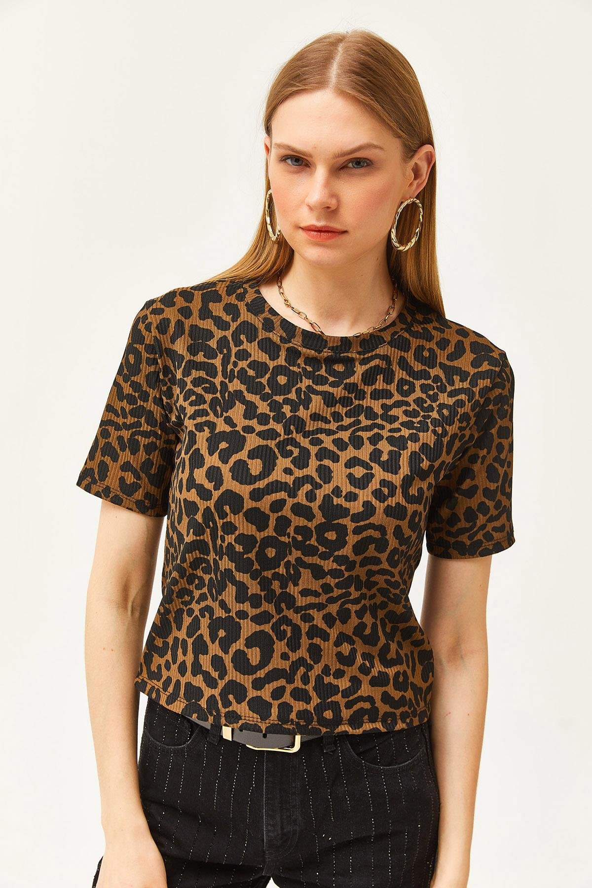 Fitilli Crop Örme Tişört Leopar Vizon