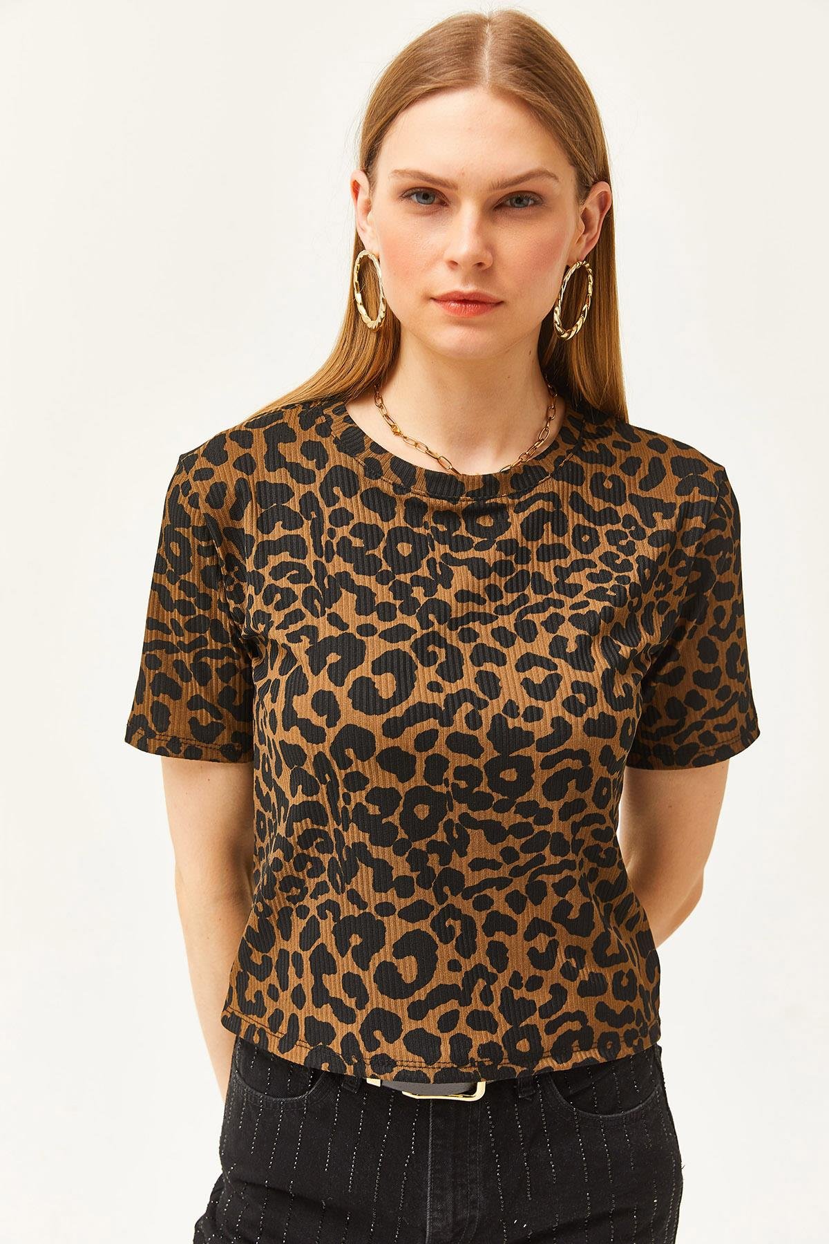 Fitilli Crop Örme Tişört Leopar Vizon
