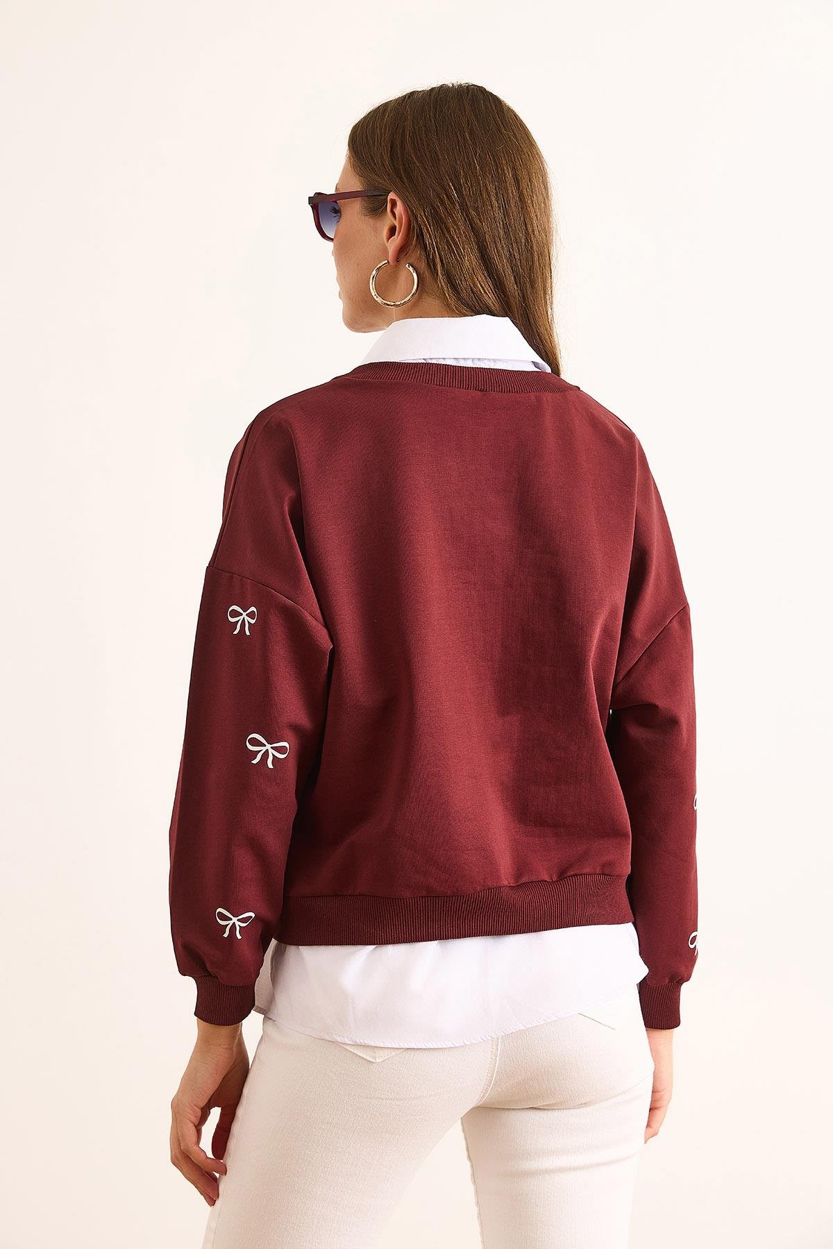Fiyonk Baskılı Yaka Etek Gömlek Detaylı Oversize Sweatshirt Bordo Beyaz