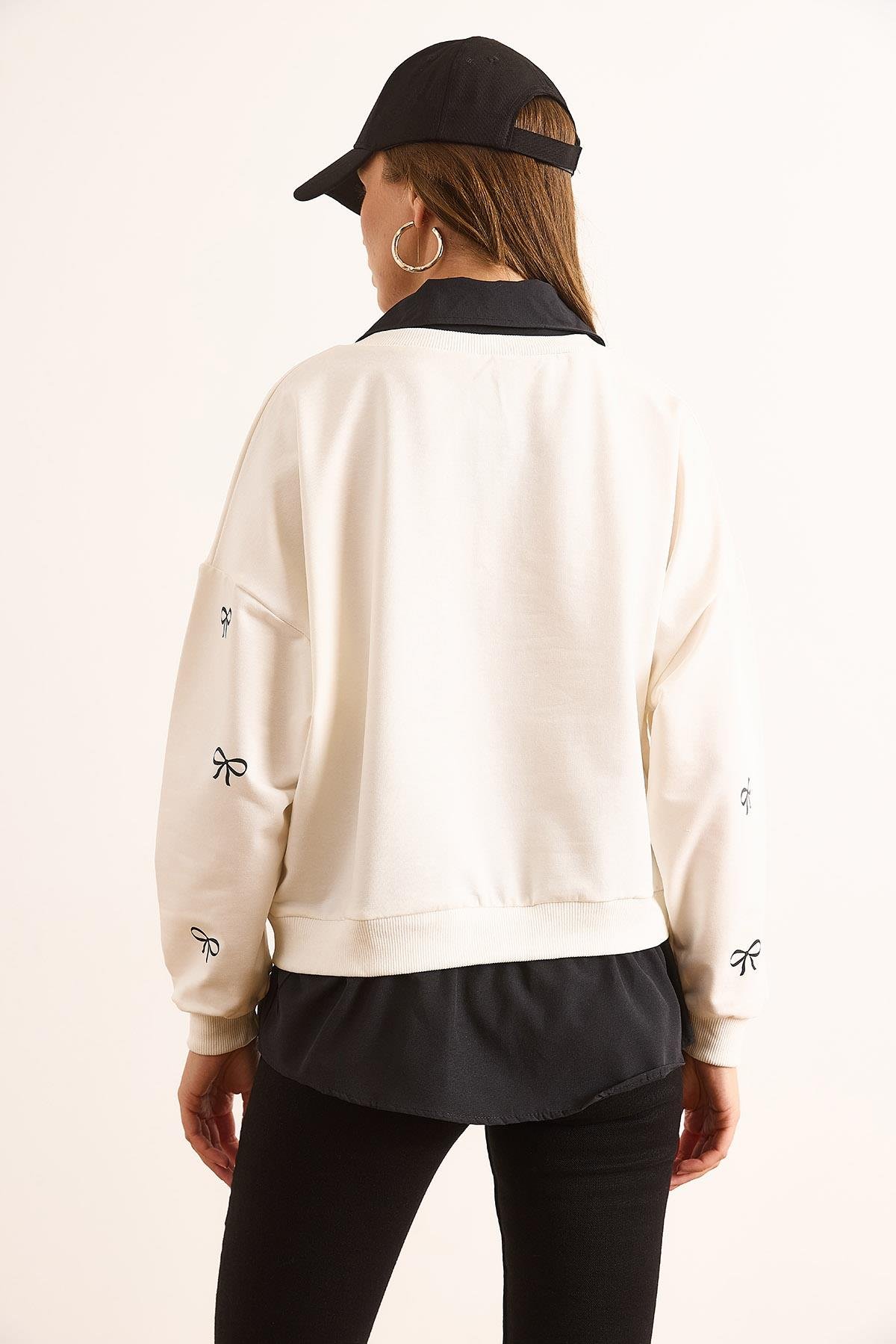 Fiyonk Baskılı Yaka Etek Gömlek Detaylı Oversize Sweatshirt Beyaz Siyah