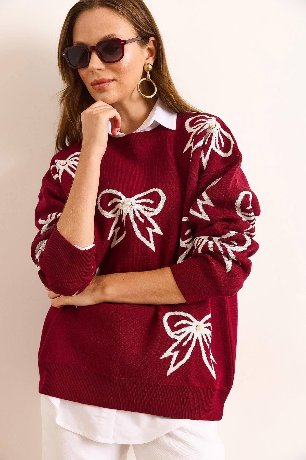 Fiyonk Detaylı Oversize Triko Kazak Bordo