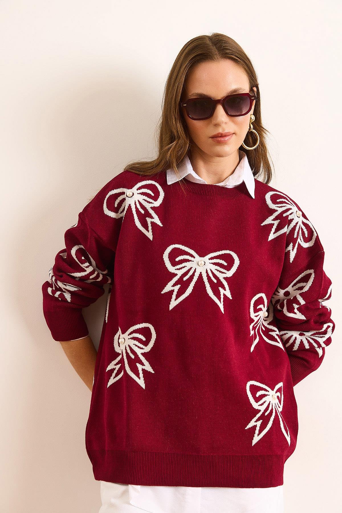 Fiyonk Detaylı Oversize Triko Kazak Bordo