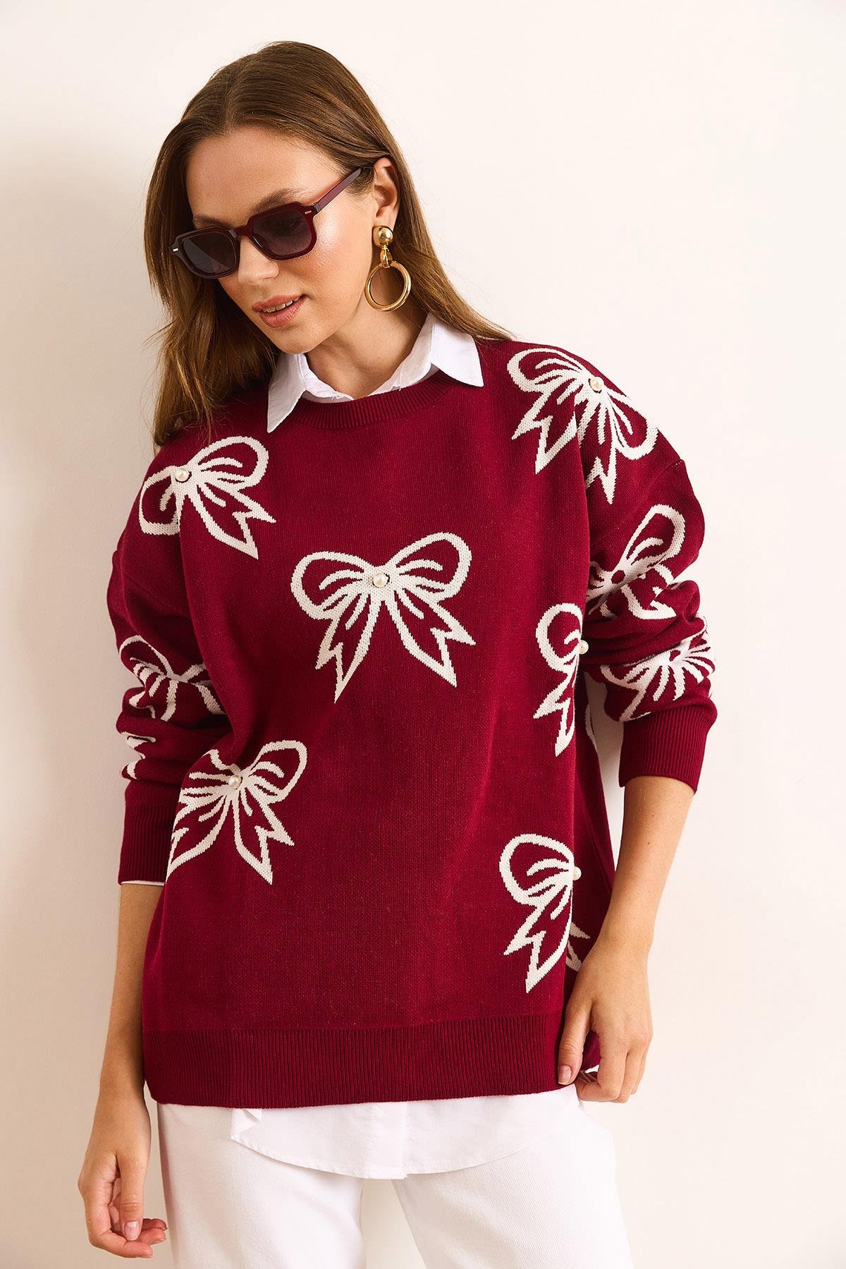 Fiyonk Detaylı Oversize Triko Kazak Bordo