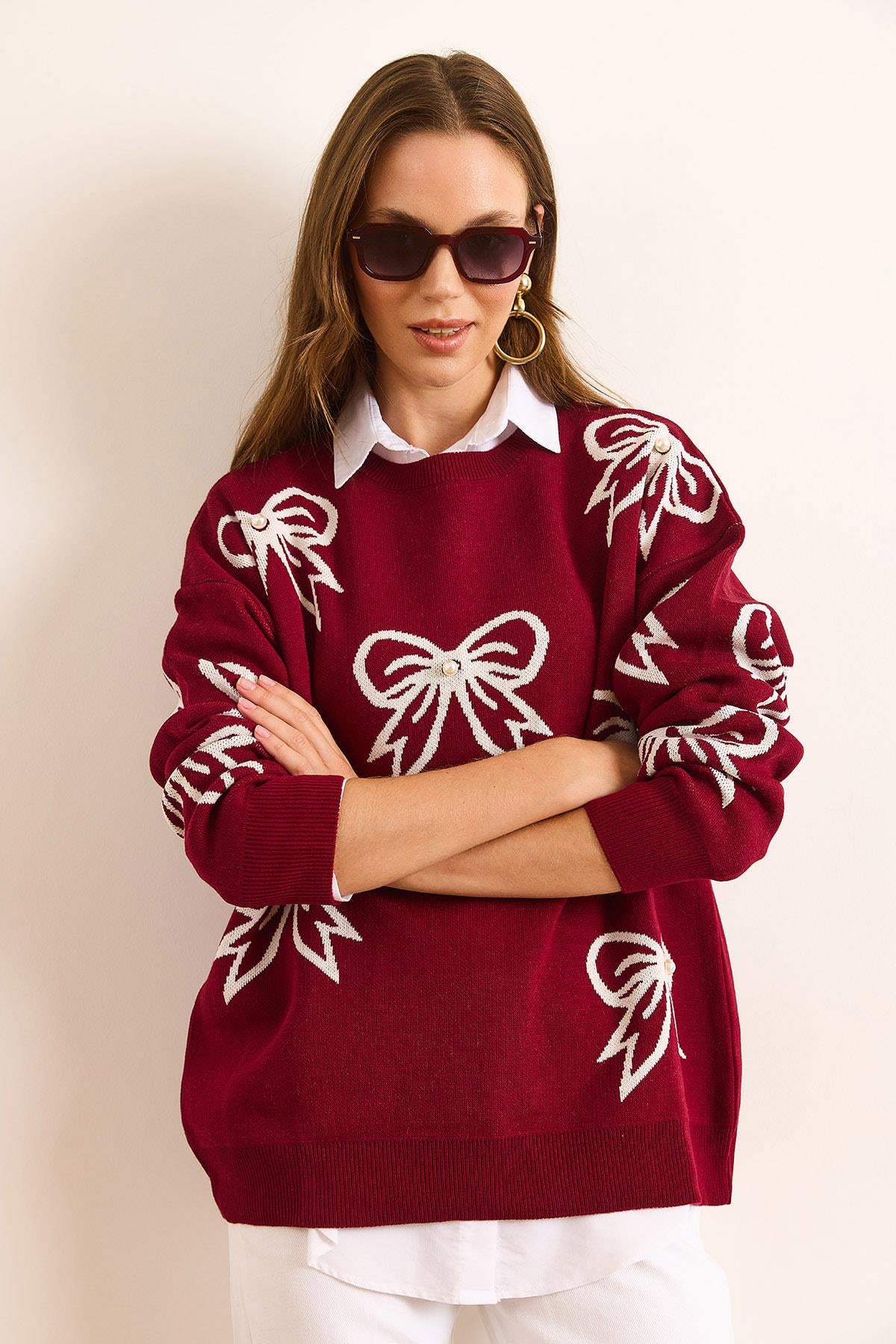 Fiyonk Detaylı Oversize Triko Kazak Bordo