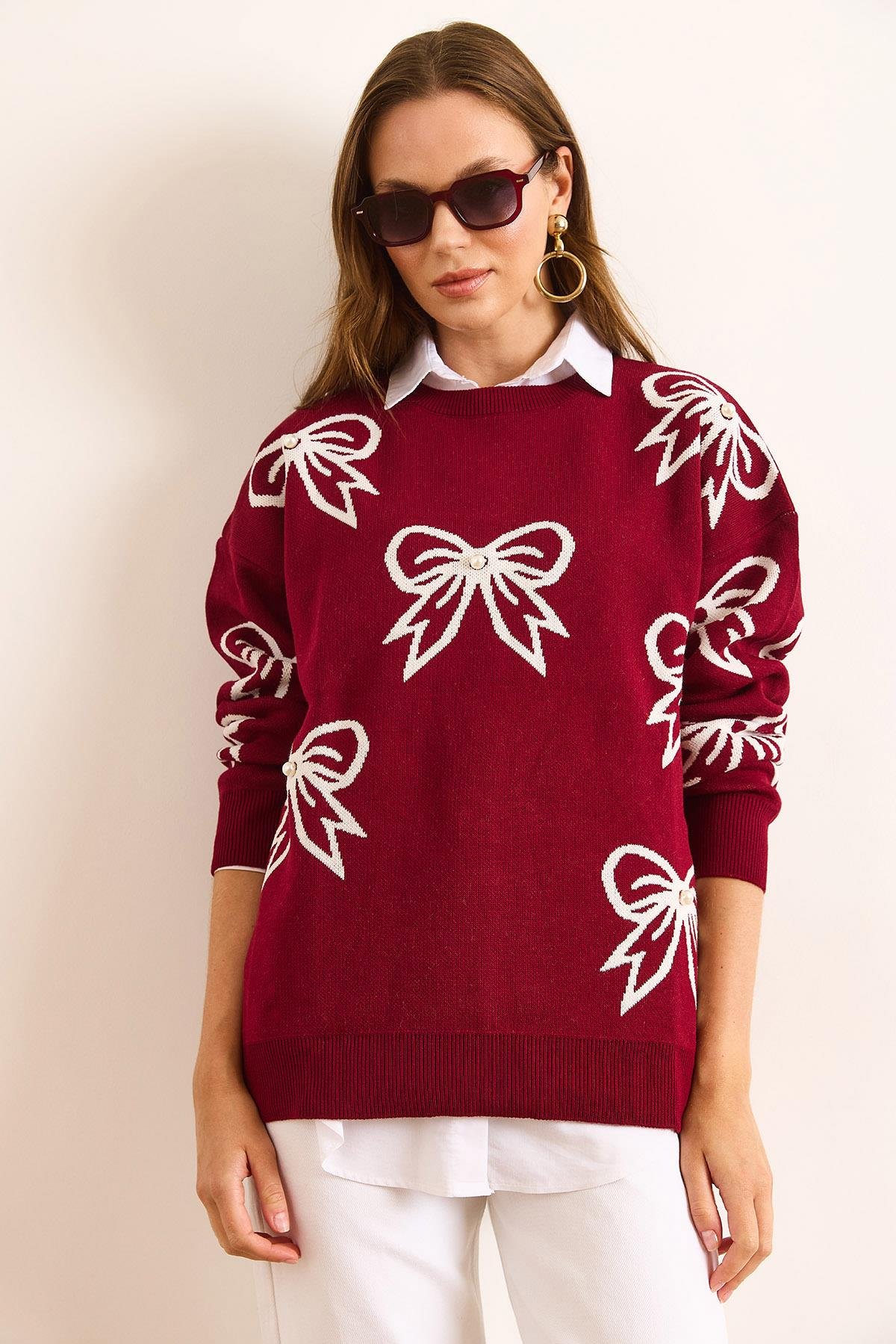 Fiyonk Detaylı Oversize Triko Kazak Bordo