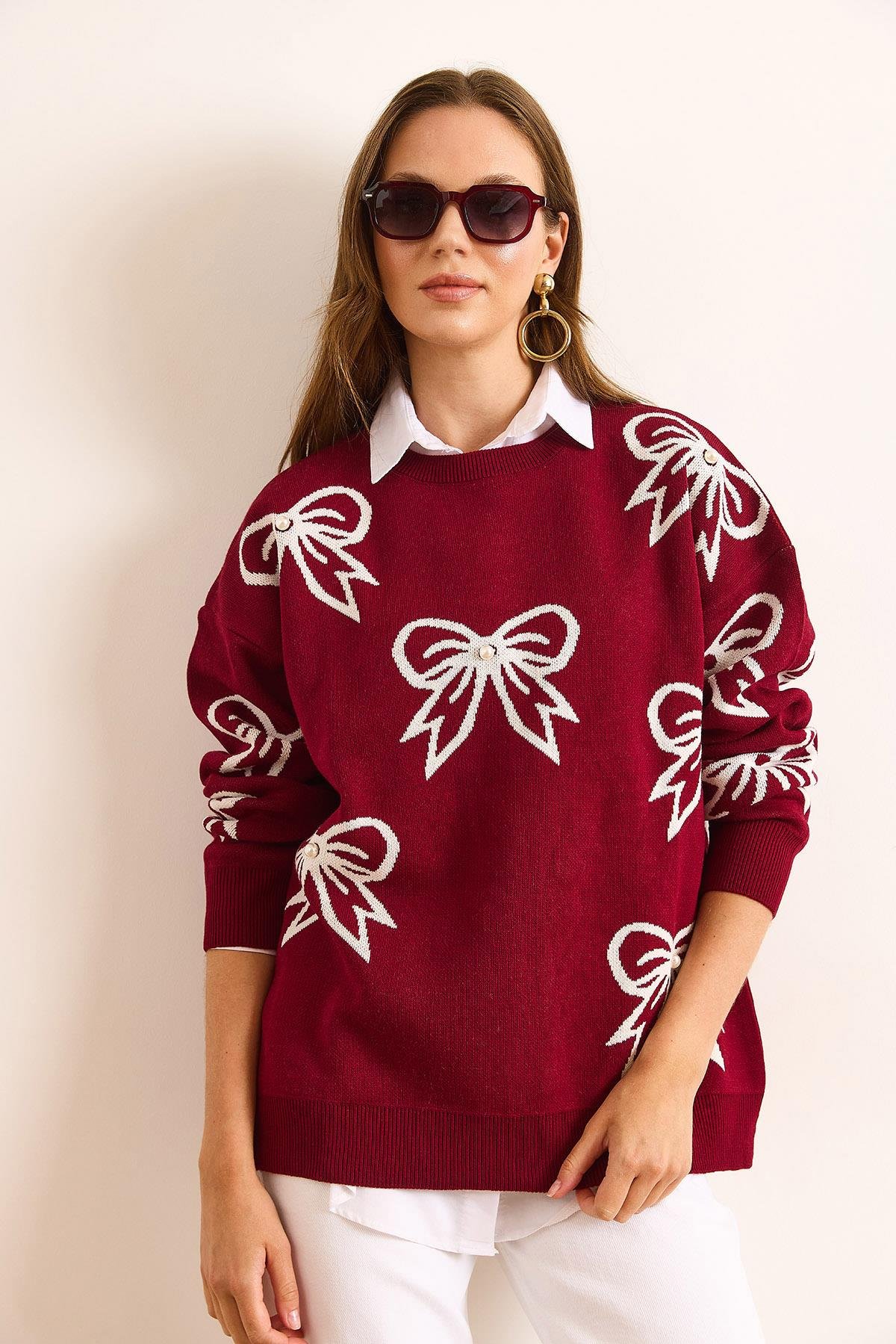 Fiyonk Detaylı Oversize Triko Kazak Bordo