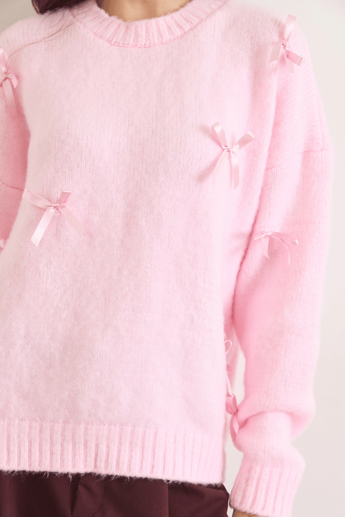 Fiyonk Detaylı Şardonlu Loose Fit Triko Kazak Şeker Pembe