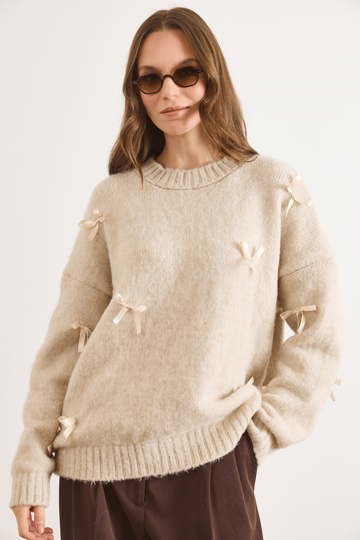 Fiyonk Detaylı Şardonlu Loose Fit Triko Kazak Taş