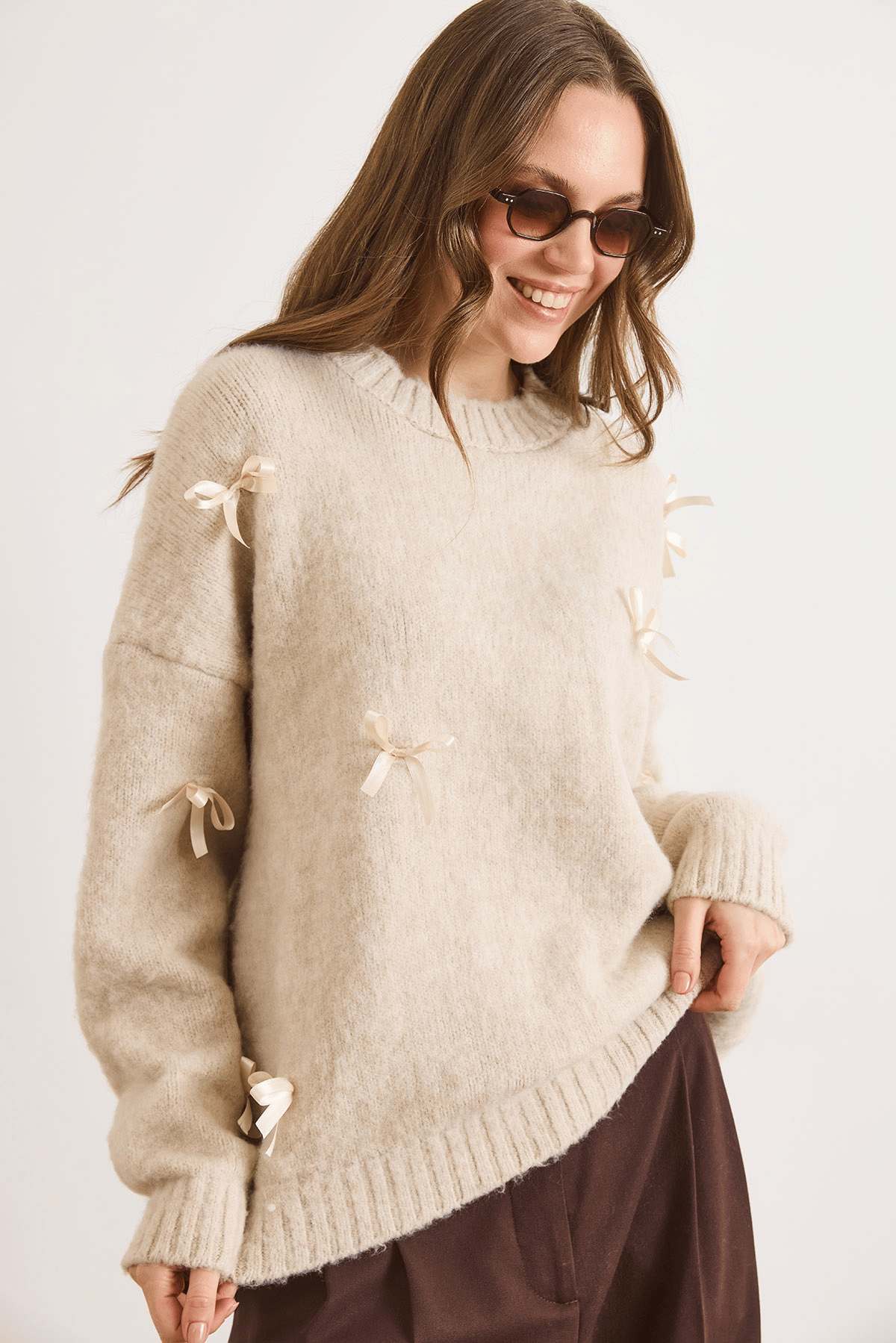 Fiyonk Detaylı Şardonlu Loose Fit Triko Kazak Taş