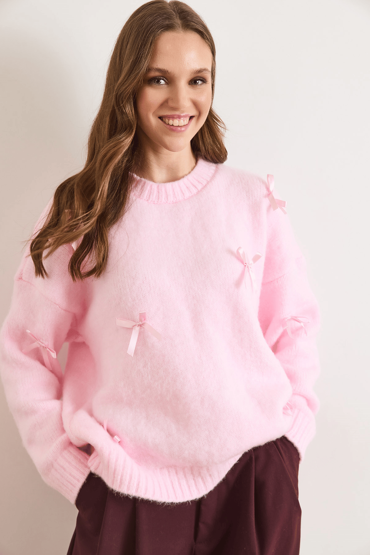Fiyonk Detaylı Şardonlu Loose Fit Triko Kazak Şeker Pembe