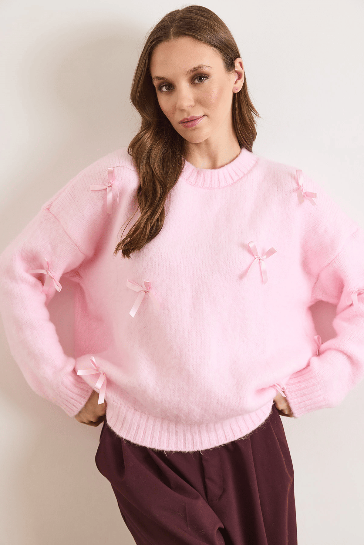 Fiyonk Detaylı Şardonlu Loose Fit Triko Kazak Şeker Pembe