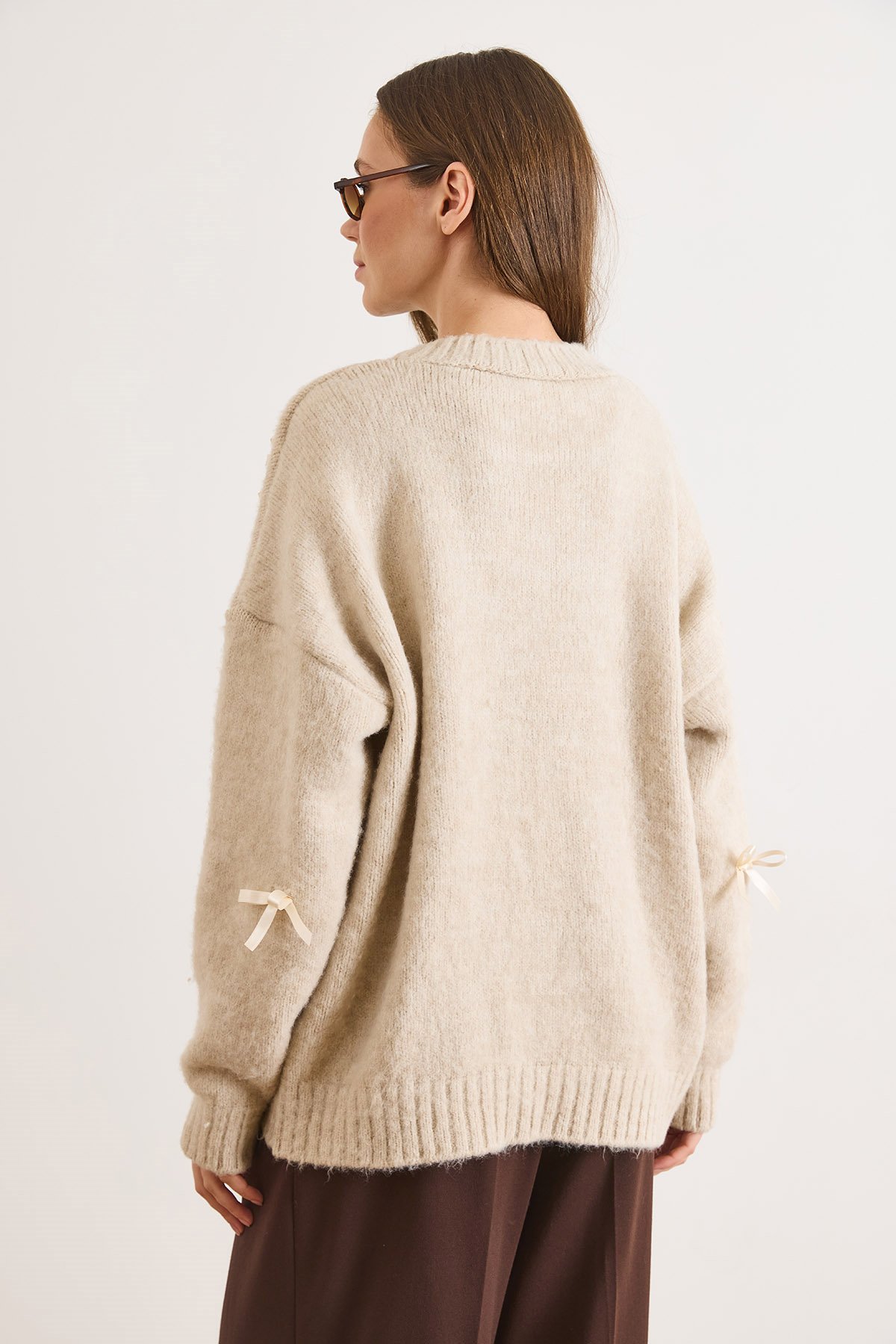 Fiyonk Detaylı Şardonlu Loose Fit Triko Kazak Taş
