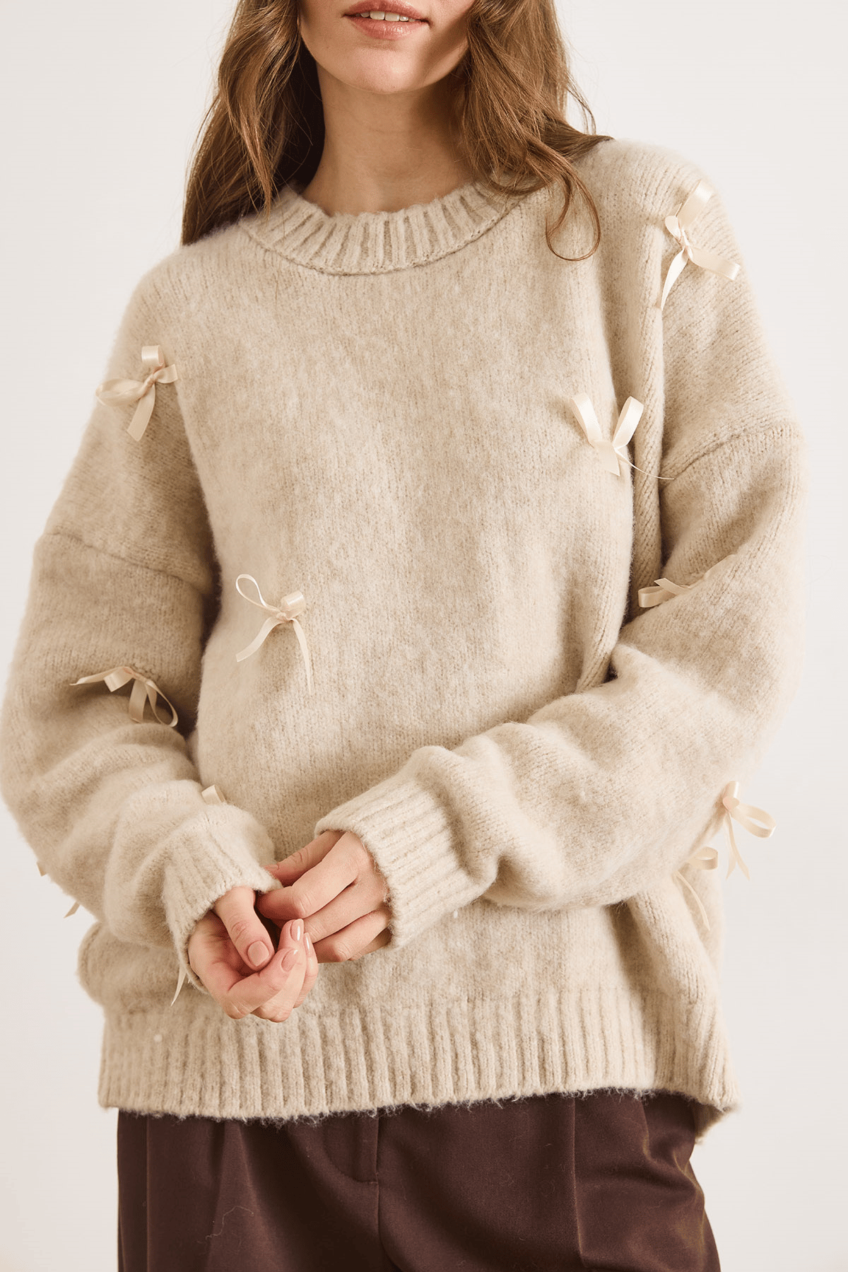 Fiyonk Detaylı Şardonlu Loose Fit Triko Kazak Taş