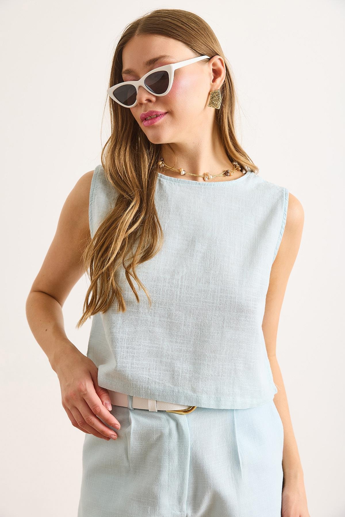 Flam Keten Crop Bluz Bebe Mavi