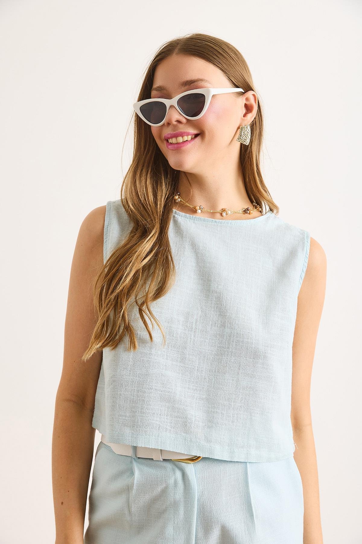Flam Keten Crop Bluz Bebe Mavi