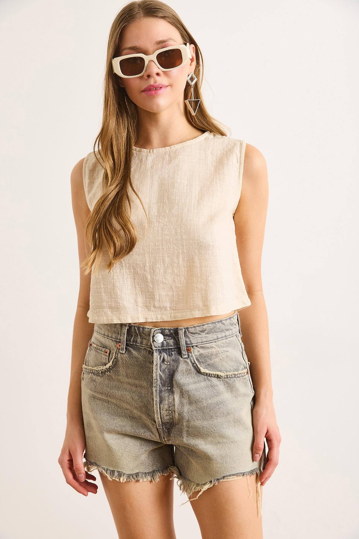 Flam Keten Crop Bluz Bej