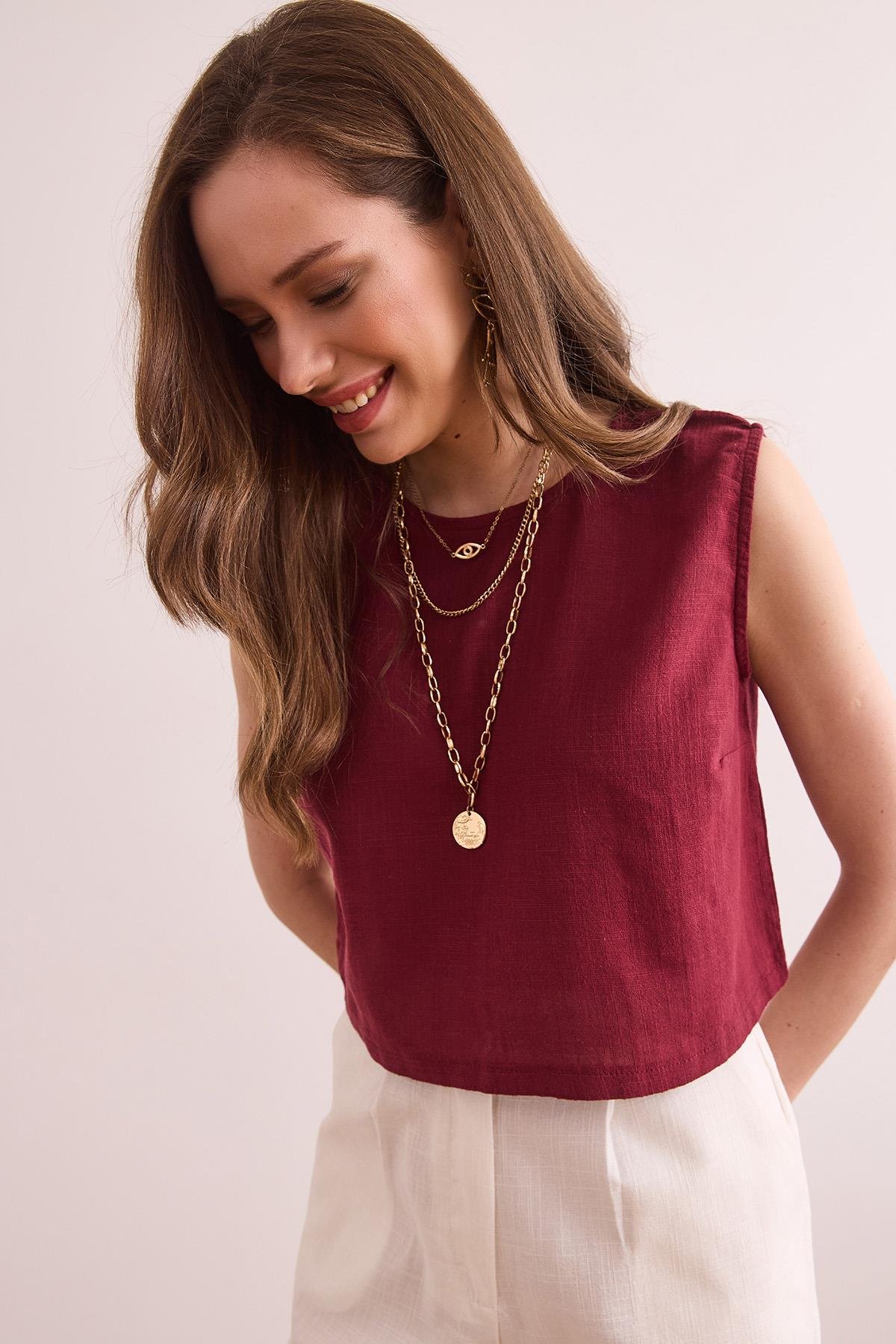 Flam Keten Crop Bluz Bordo