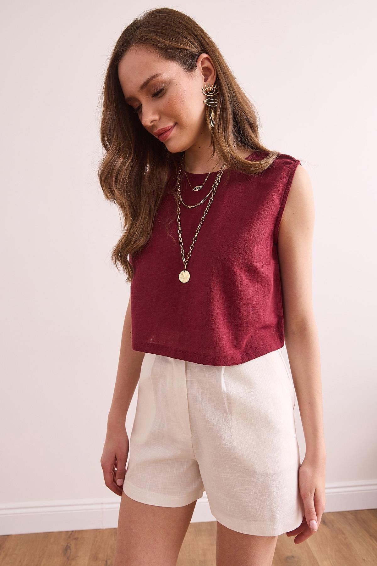 Flam Keten Crop Bluz Bordo