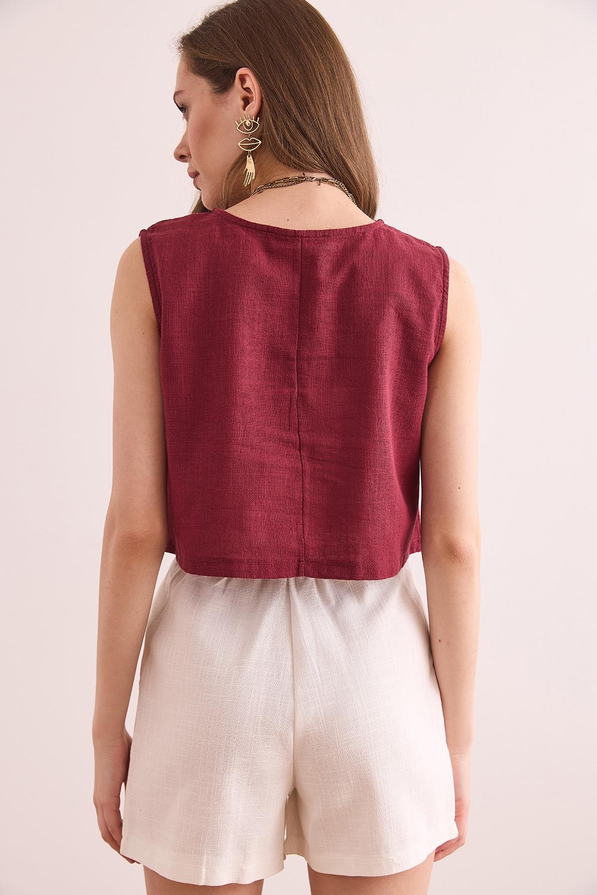 Flam Keten Crop Bluz Bordo