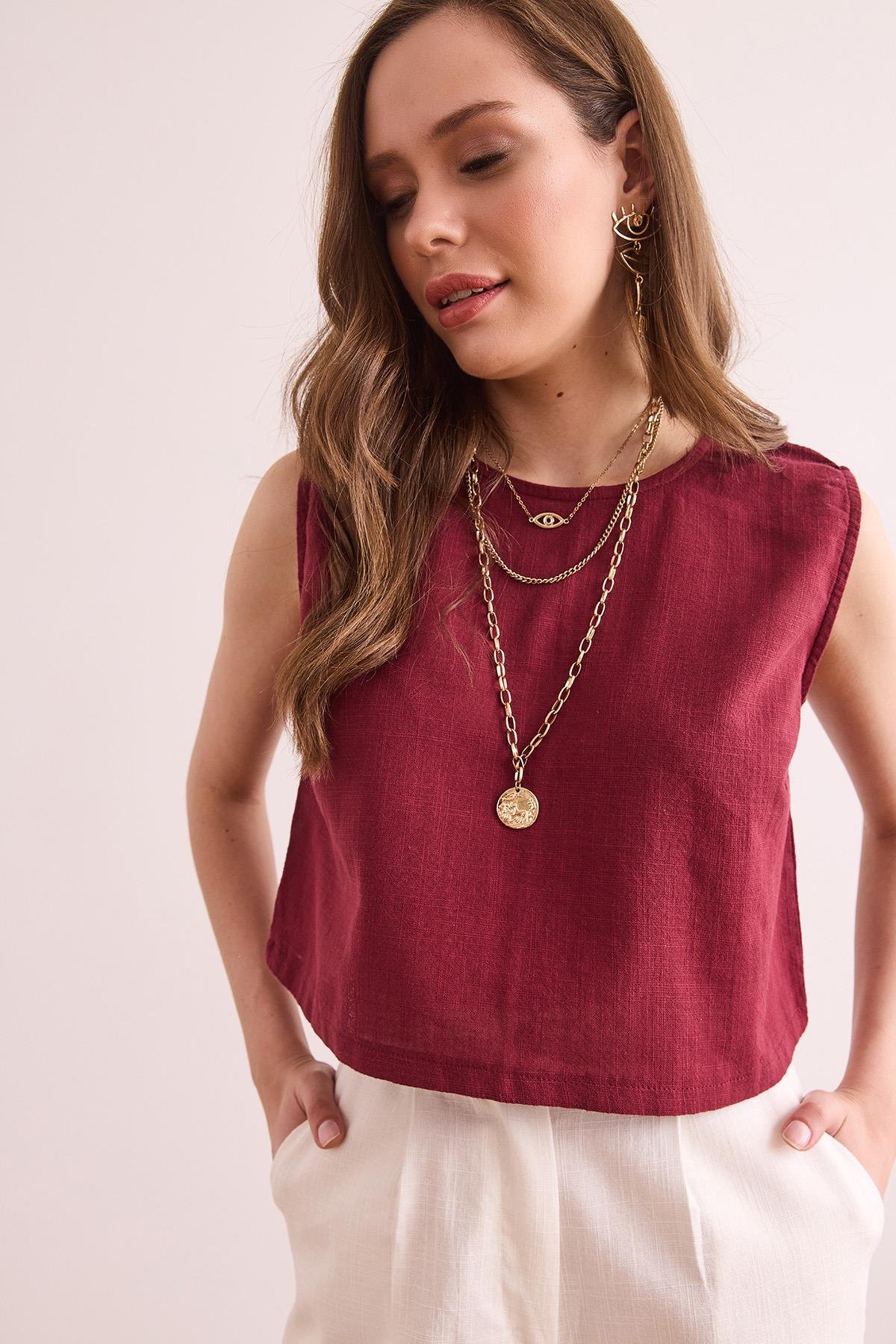 Flam Keten Crop Bluz Bordo