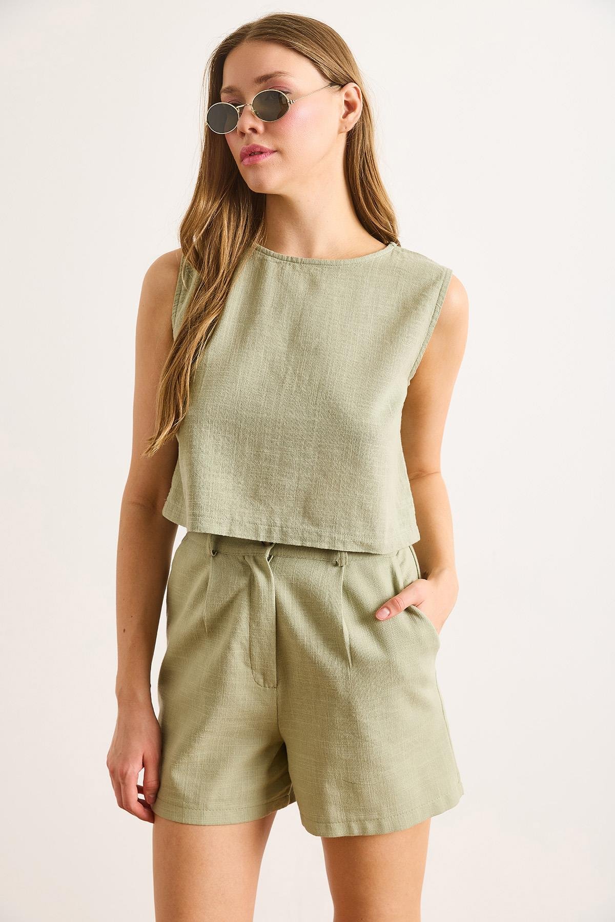 Flam Keten Crop Bluz Haki