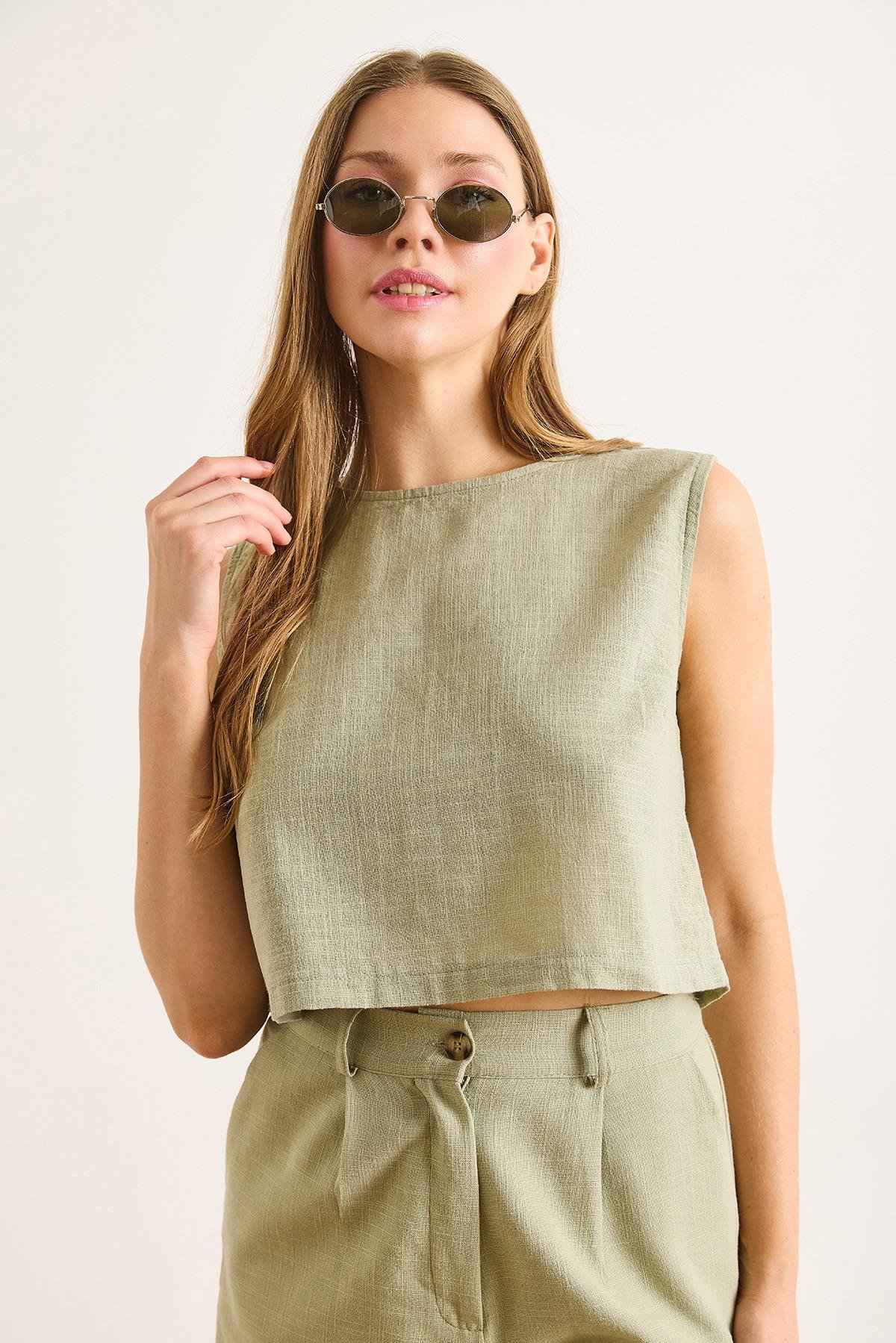 Flam Keten Crop Bluz Haki