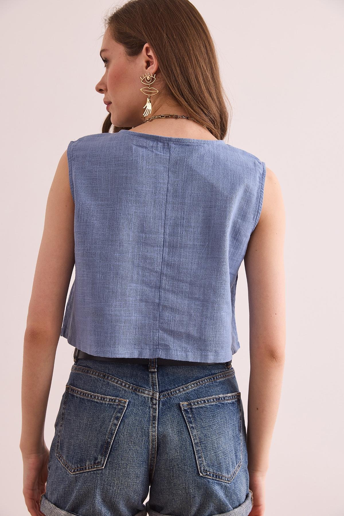 Flam Keten Crop Bluz İndigo