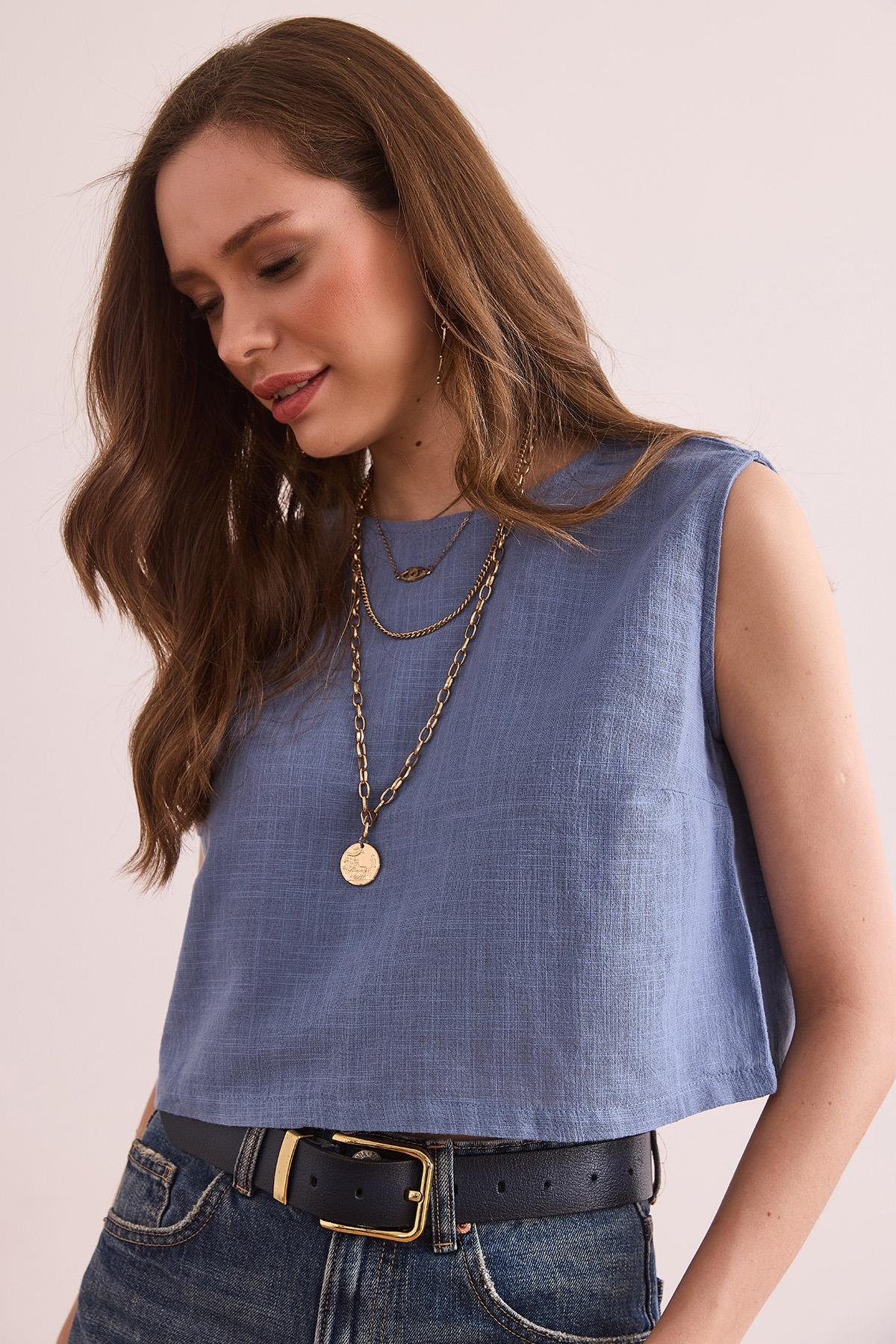 Flam Keten Crop Bluz İndigo