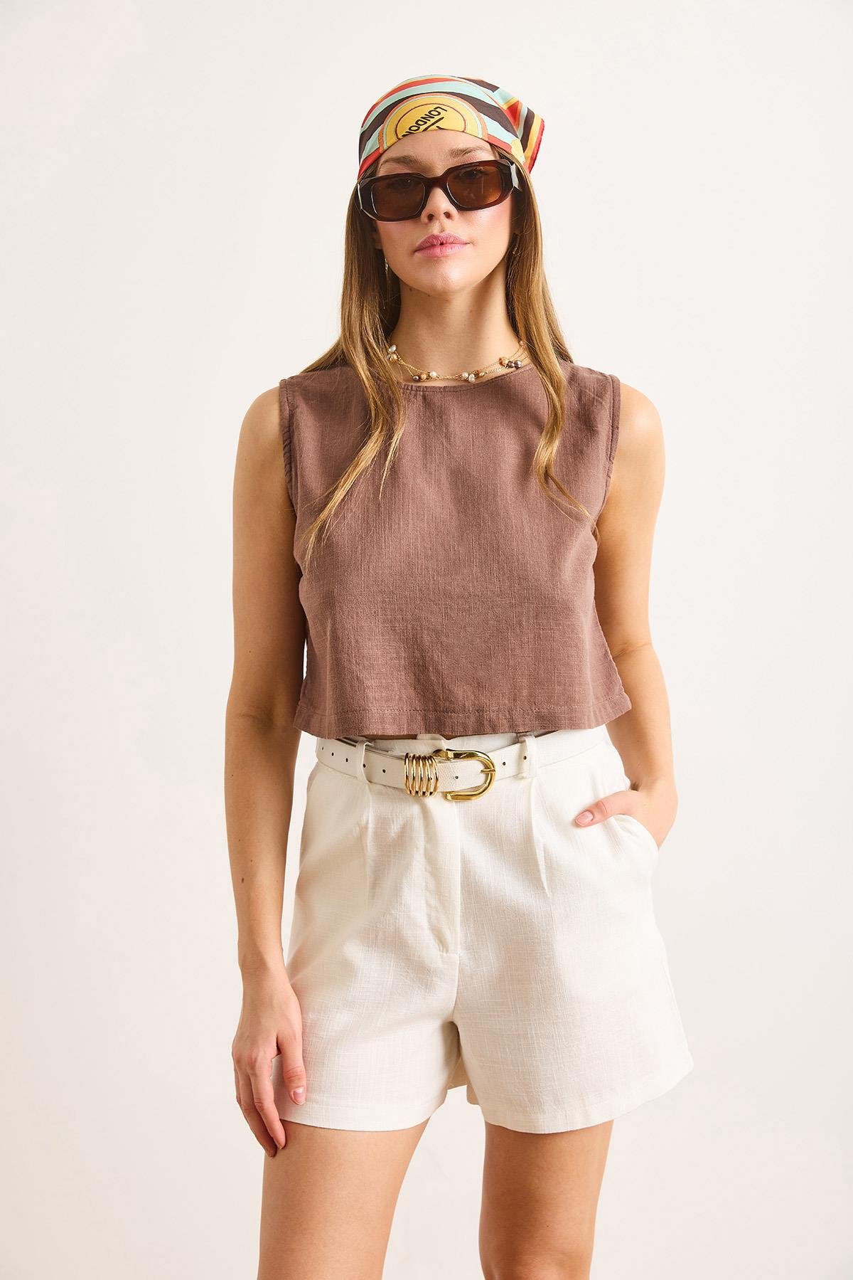 Flam Keten Crop Bluz Kahverengi