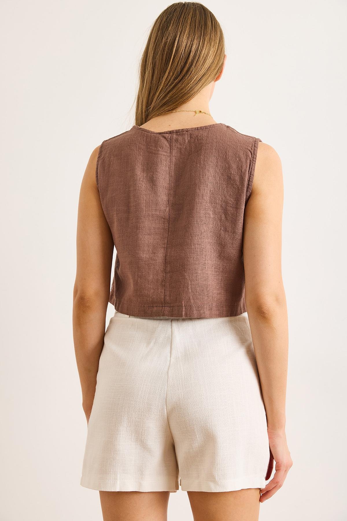 Flam Keten Crop Bluz Kahverengi