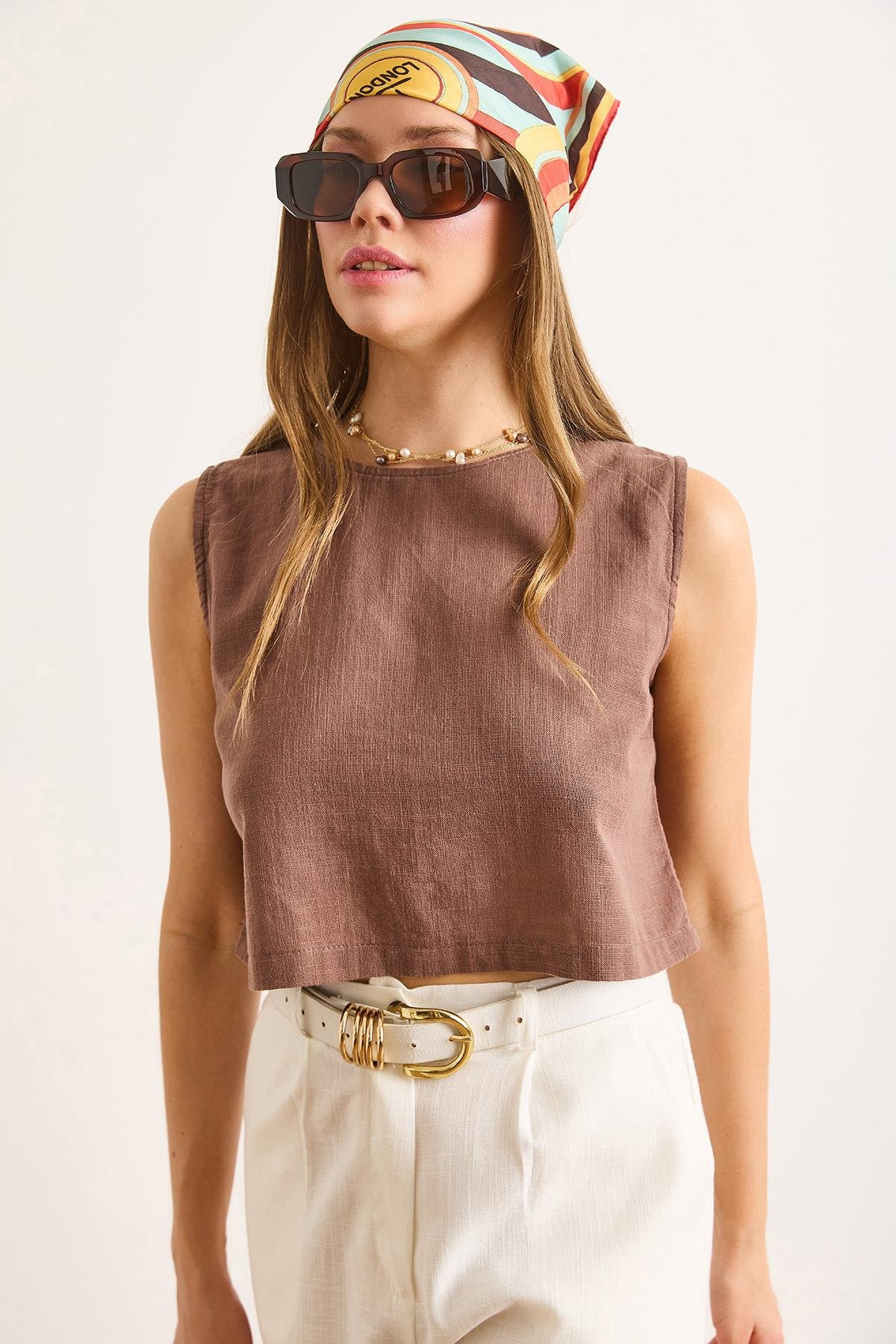 Flam Keten Crop Bluz Kahverengi