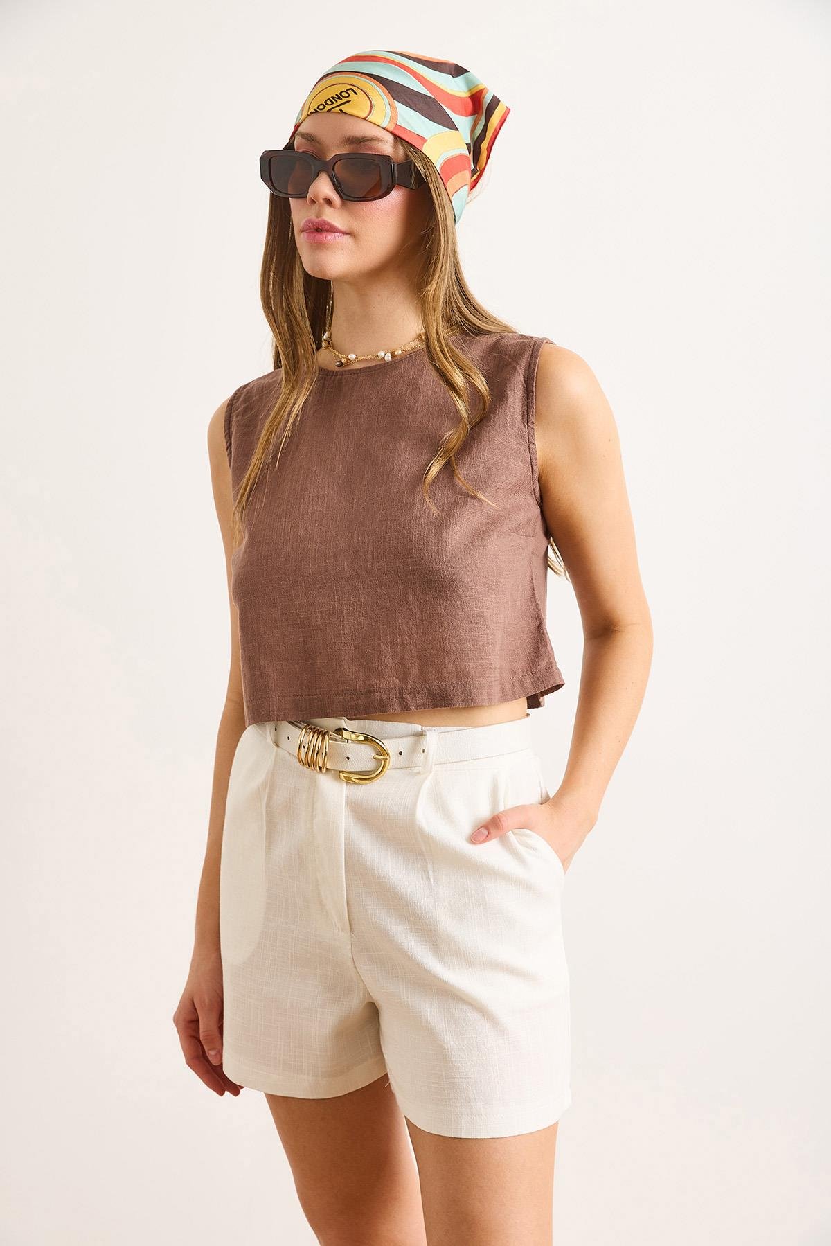 Flam Keten Crop Bluz Kahverengi