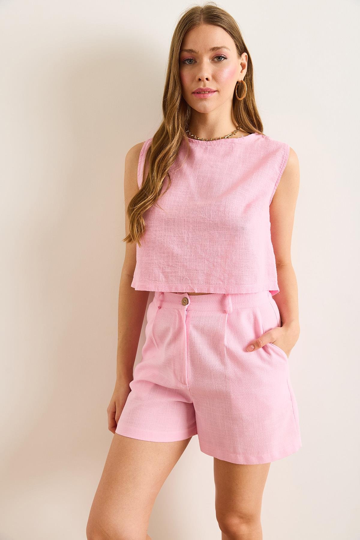 Flam Keten Crop Bluz Pembe