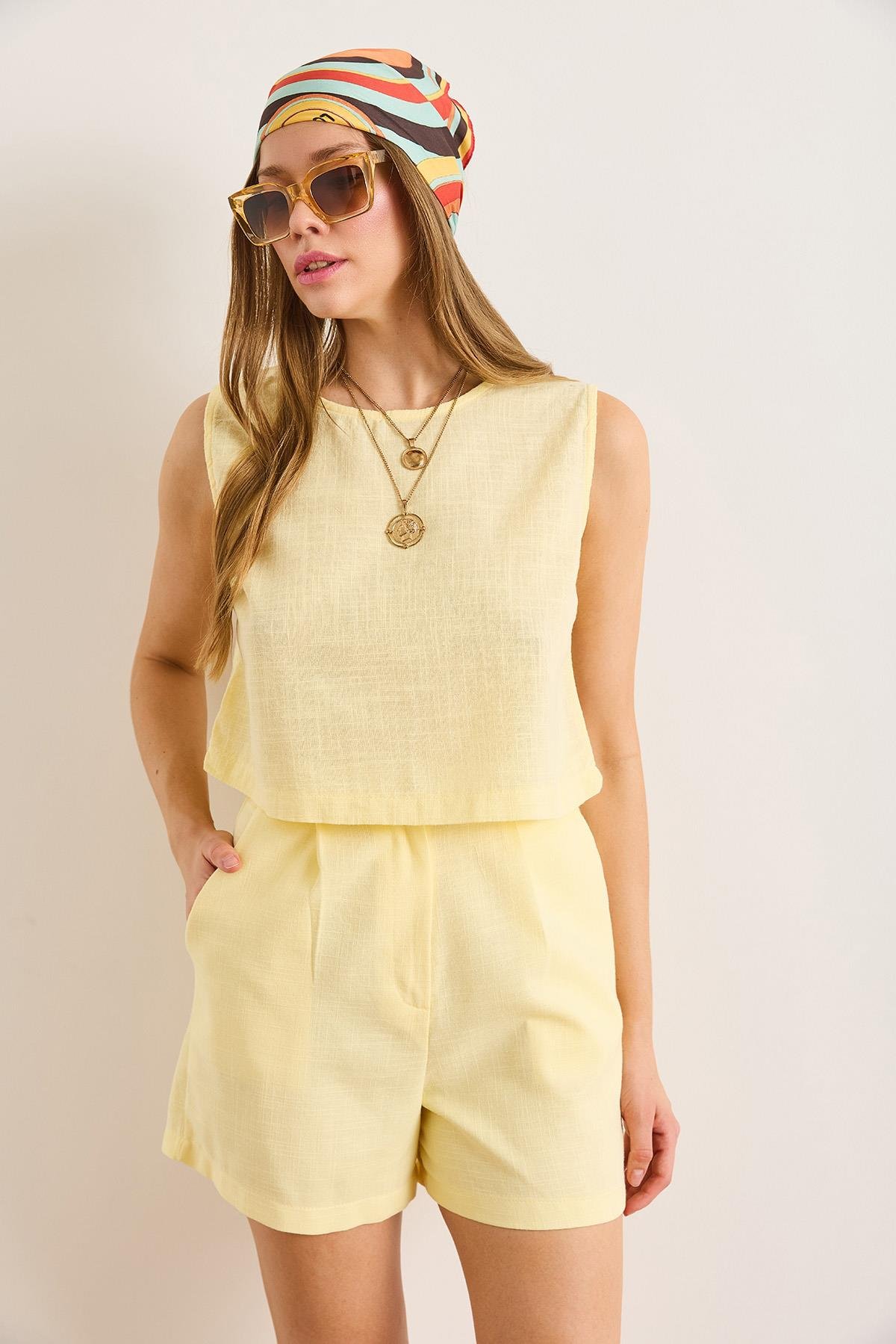 Flam Keten Crop Bluz Sarı