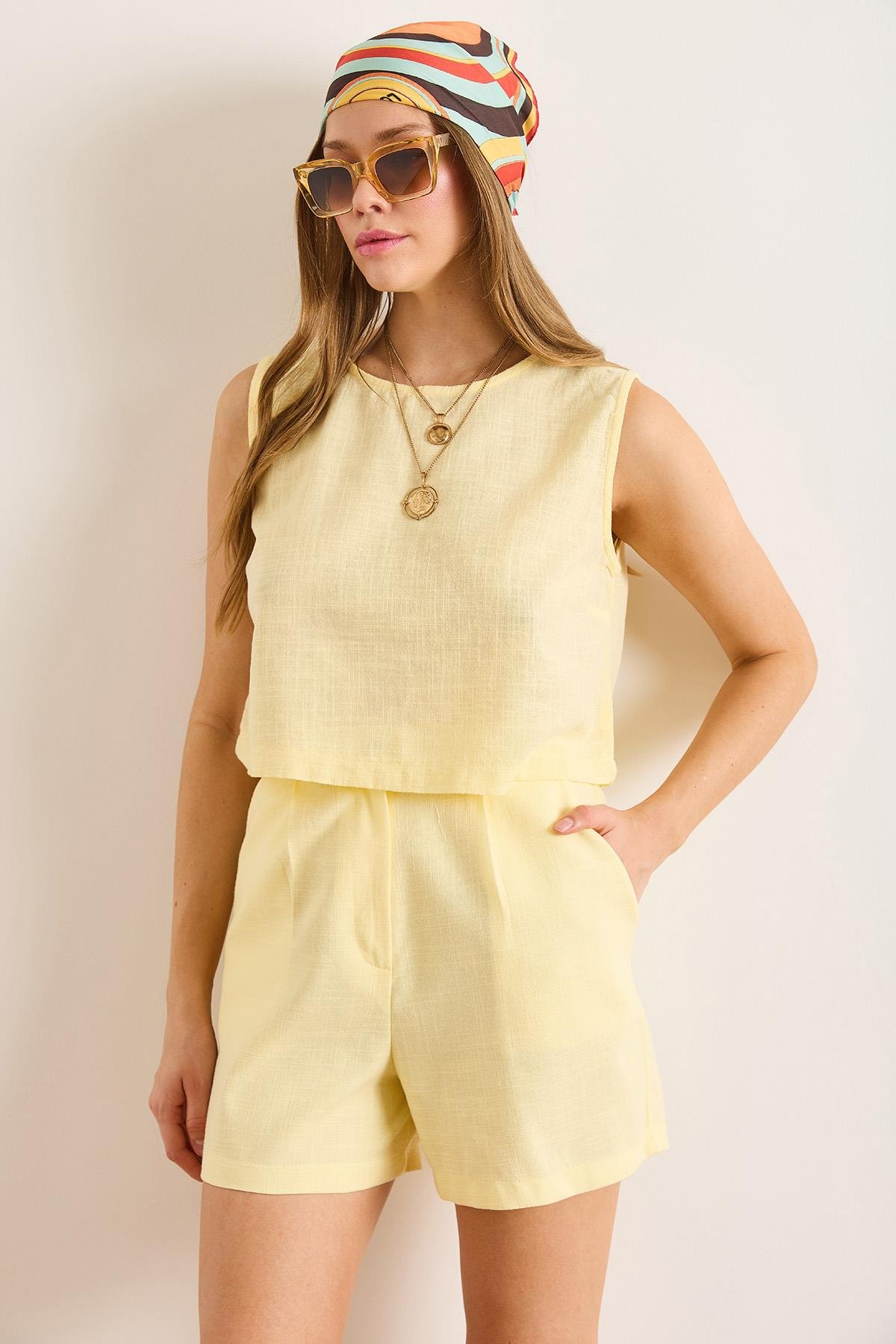 Flam Keten Crop Bluz Sarı