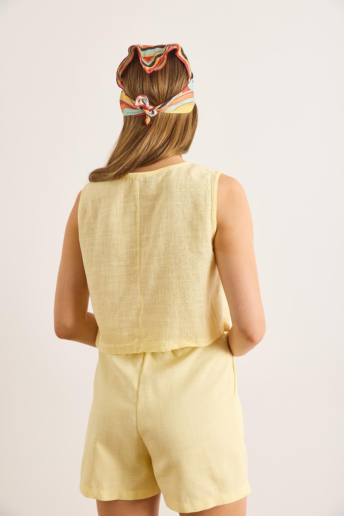 Flam Keten Crop Bluz Sarı