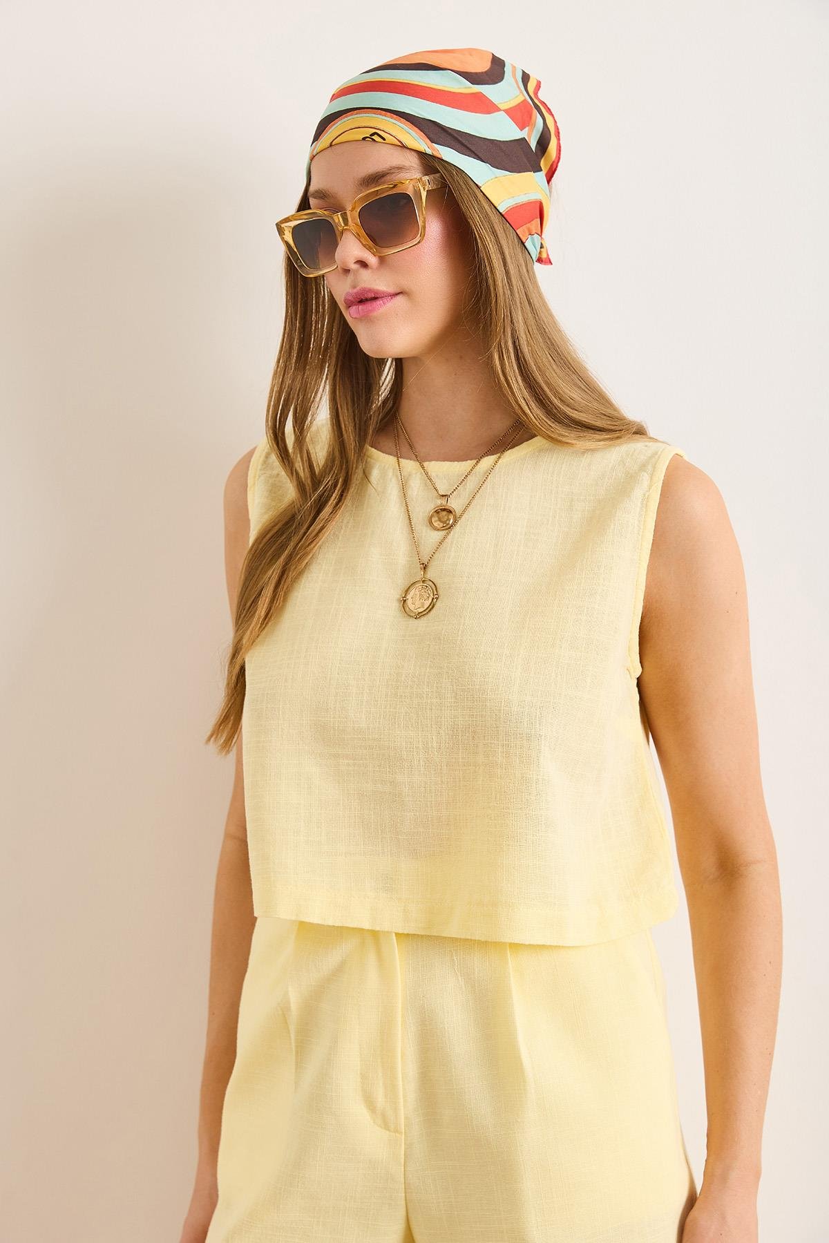 Flam Keten Crop Bluz Sarı
