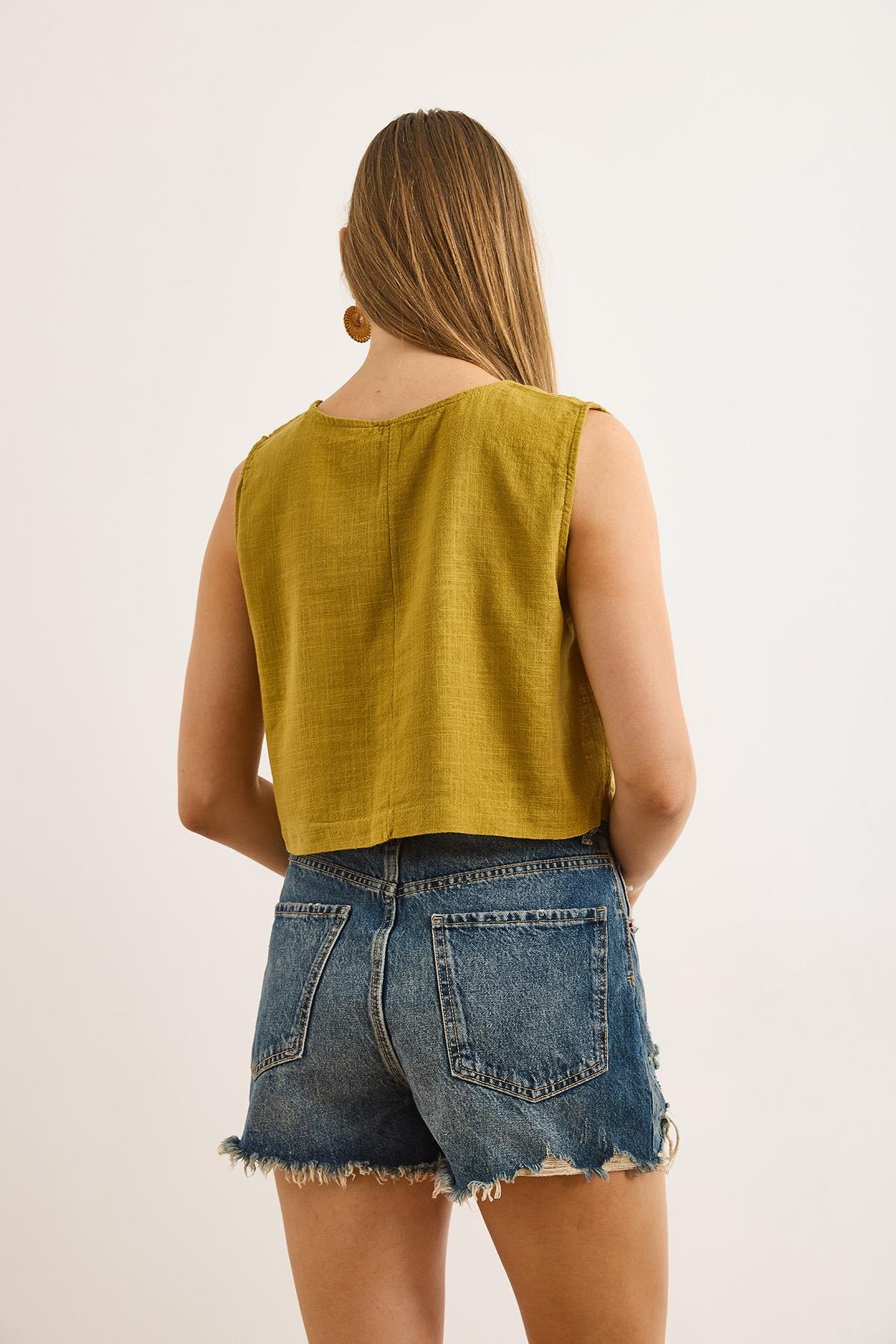 Flam Keten Crop Bluz Yağ Yeşili