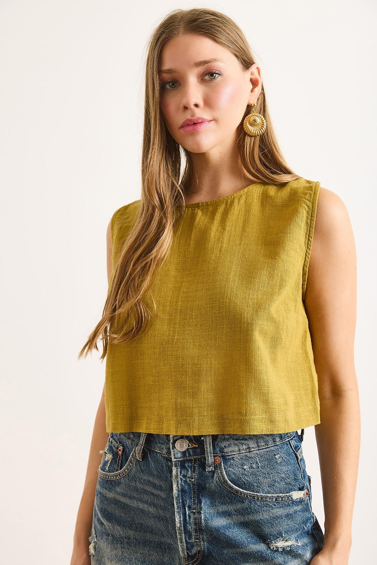 Flam Keten Crop Bluz Yağ Yeşili