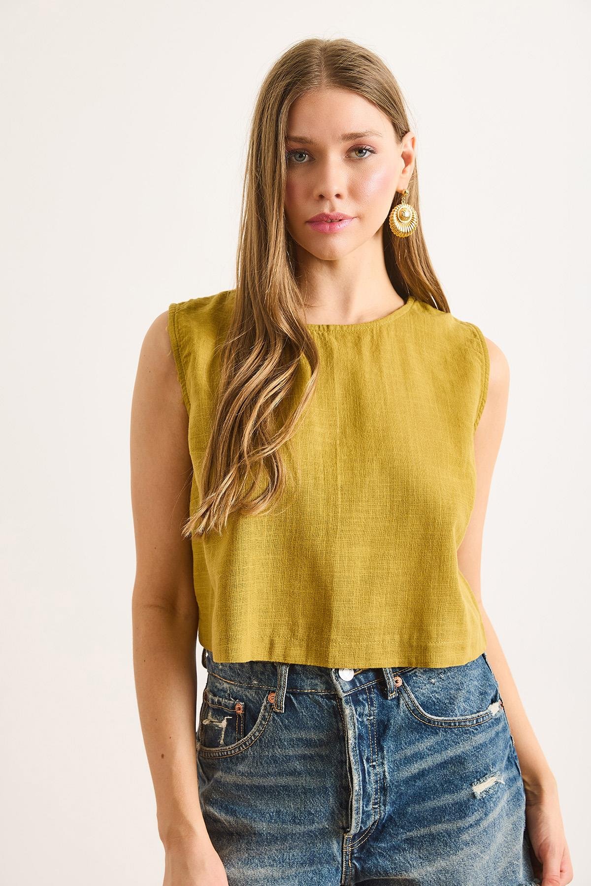 Flam Keten Crop Bluz Yağ Yeşili