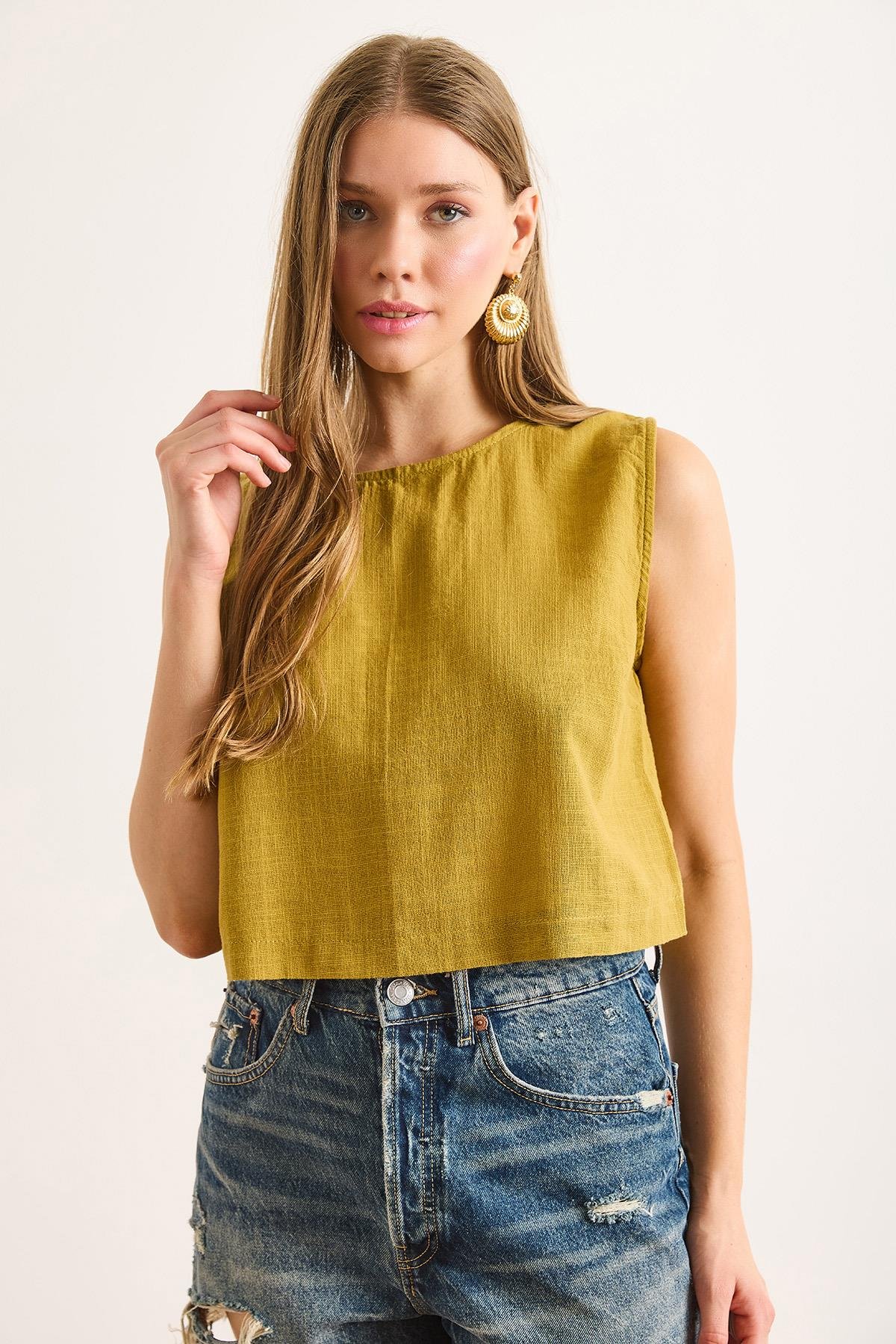 Flam Keten Crop Bluz Yağ Yeşili