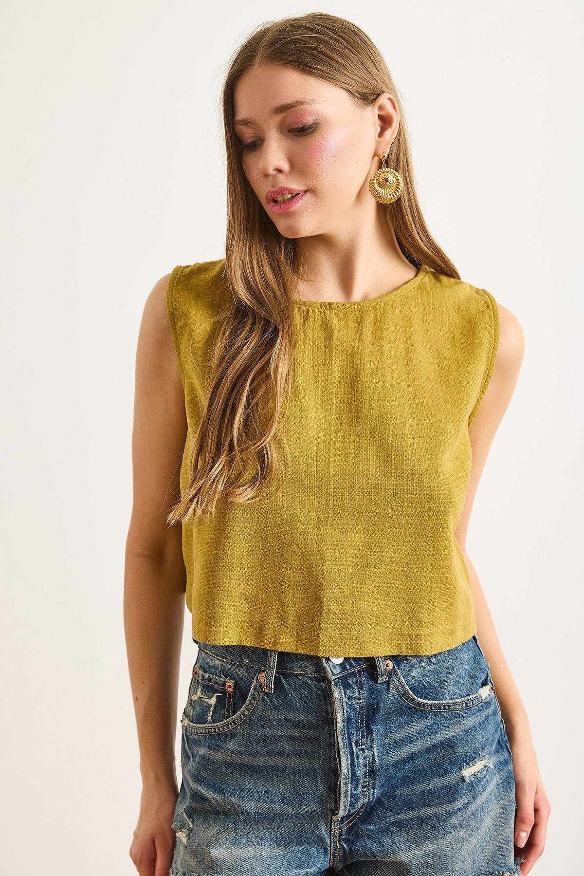 Flam Keten Crop Bluz Yağ Yeşili