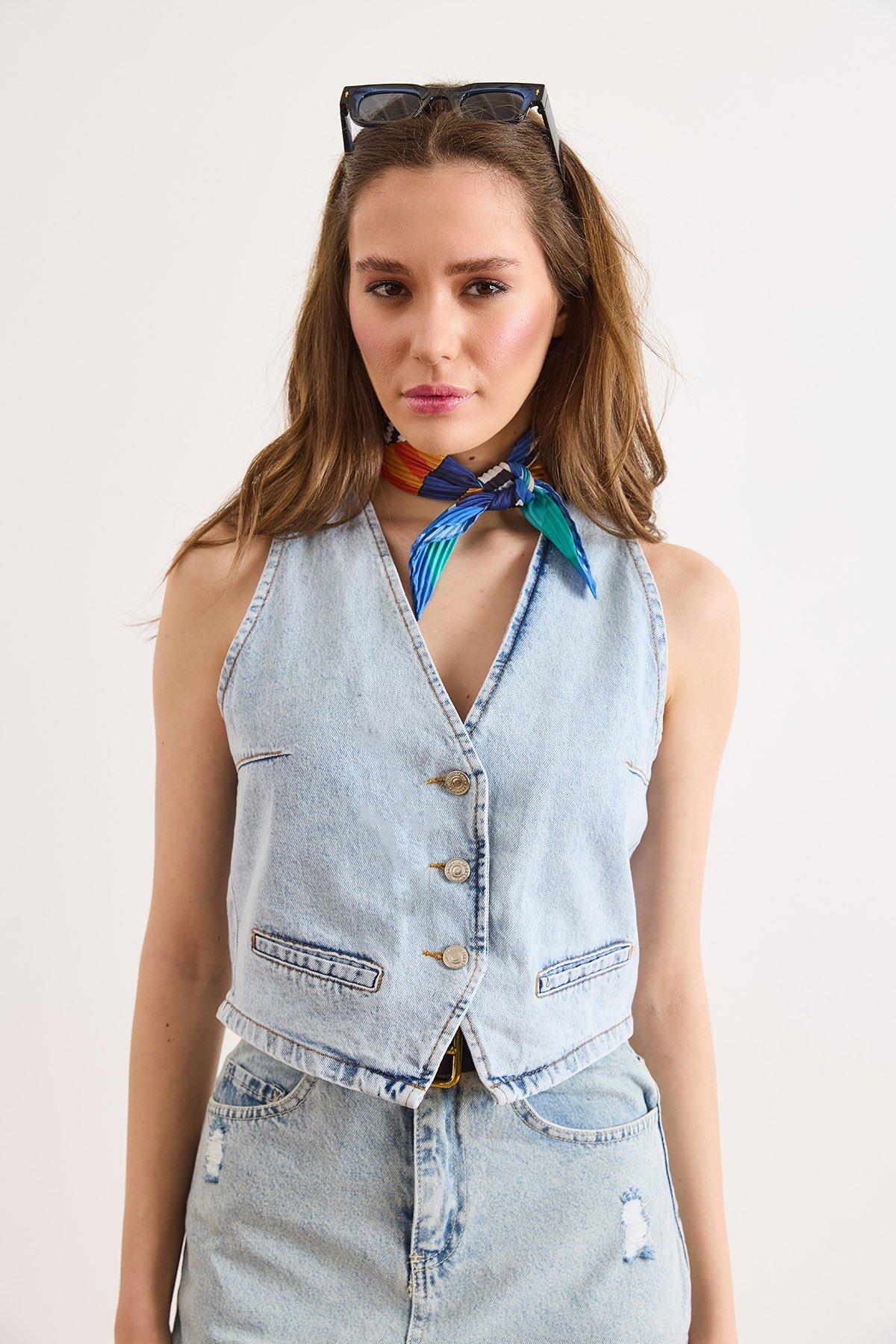 Fleto Cep Denim Yelek Açık Mavi