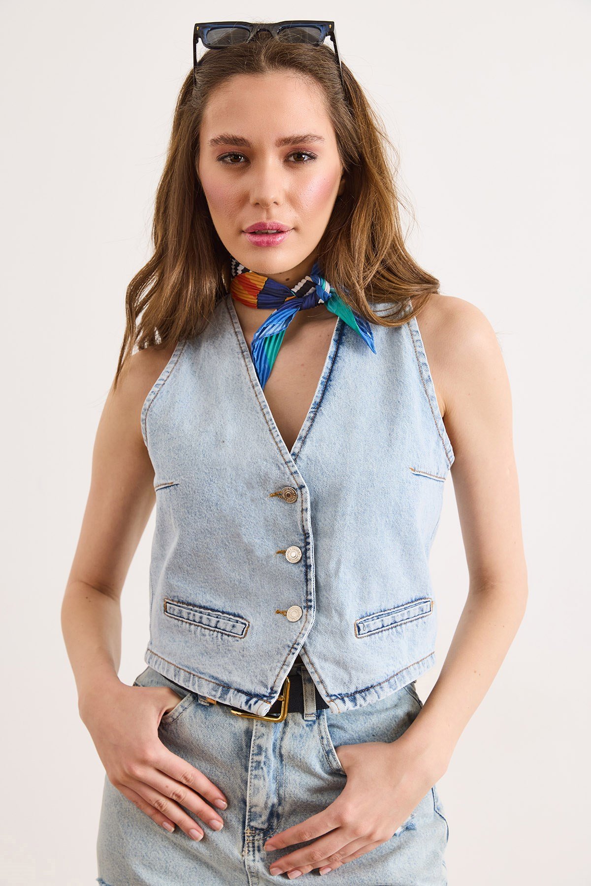 Fleto Cep Denim Yelek Açık Mavi