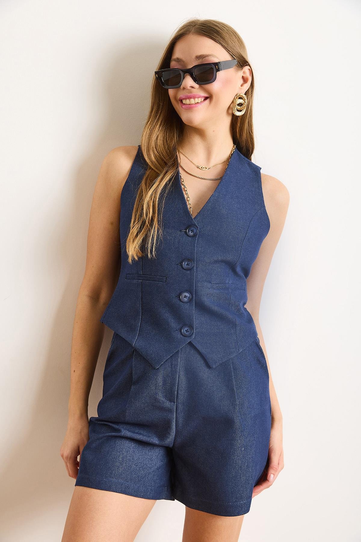 Fleto Cep Düğmeli Astarlı Denim Yelek Lacivert