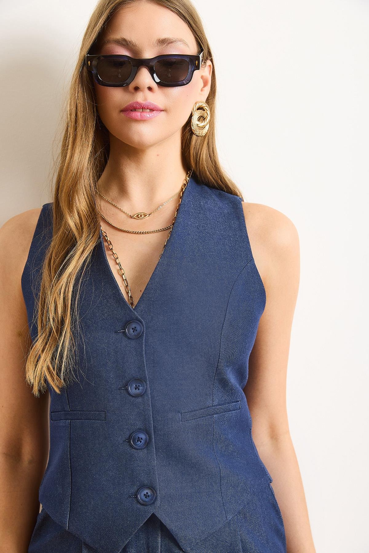 Fleto Cep Düğmeli Astarlı Denim Yelek Lacivert